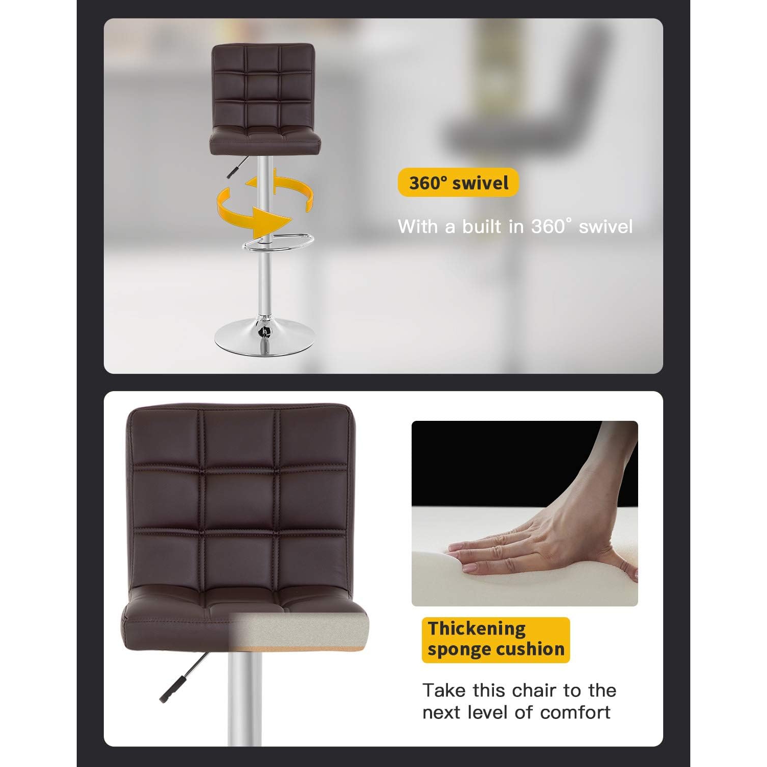 Bar Stool Set of 2 Modern Barstools Counter Height Swivel Bar Stool Height Adjustable PU Leather Bar Chairs Hydraulic Home Kitchen Stools Dining Room