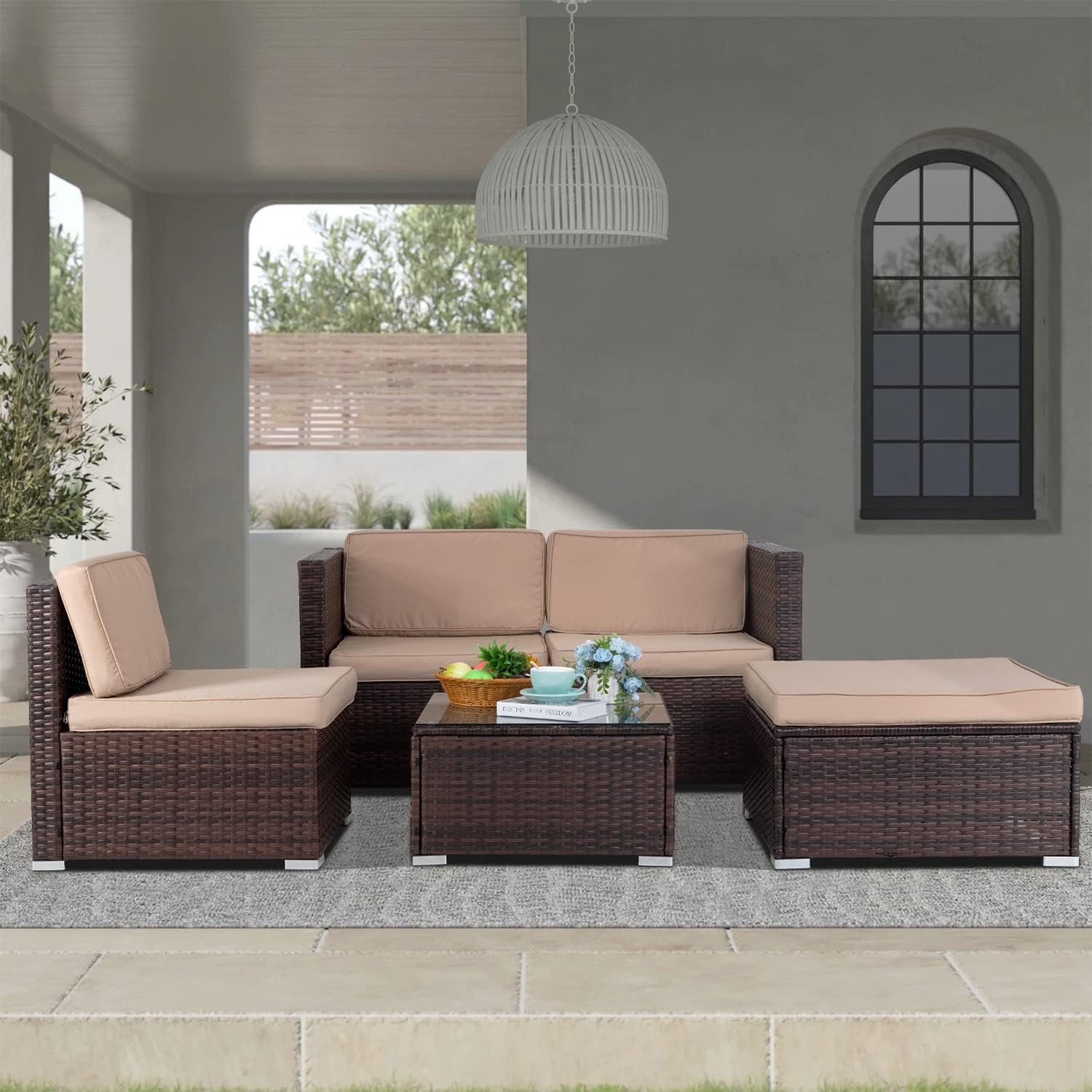 5 Pieces Outdoor Patio Furniture Sets Sectional Sofa Rattan Chair Wicker Conversation Set Outdoor Backyard Porch Poolside Balcony Garden Furniture