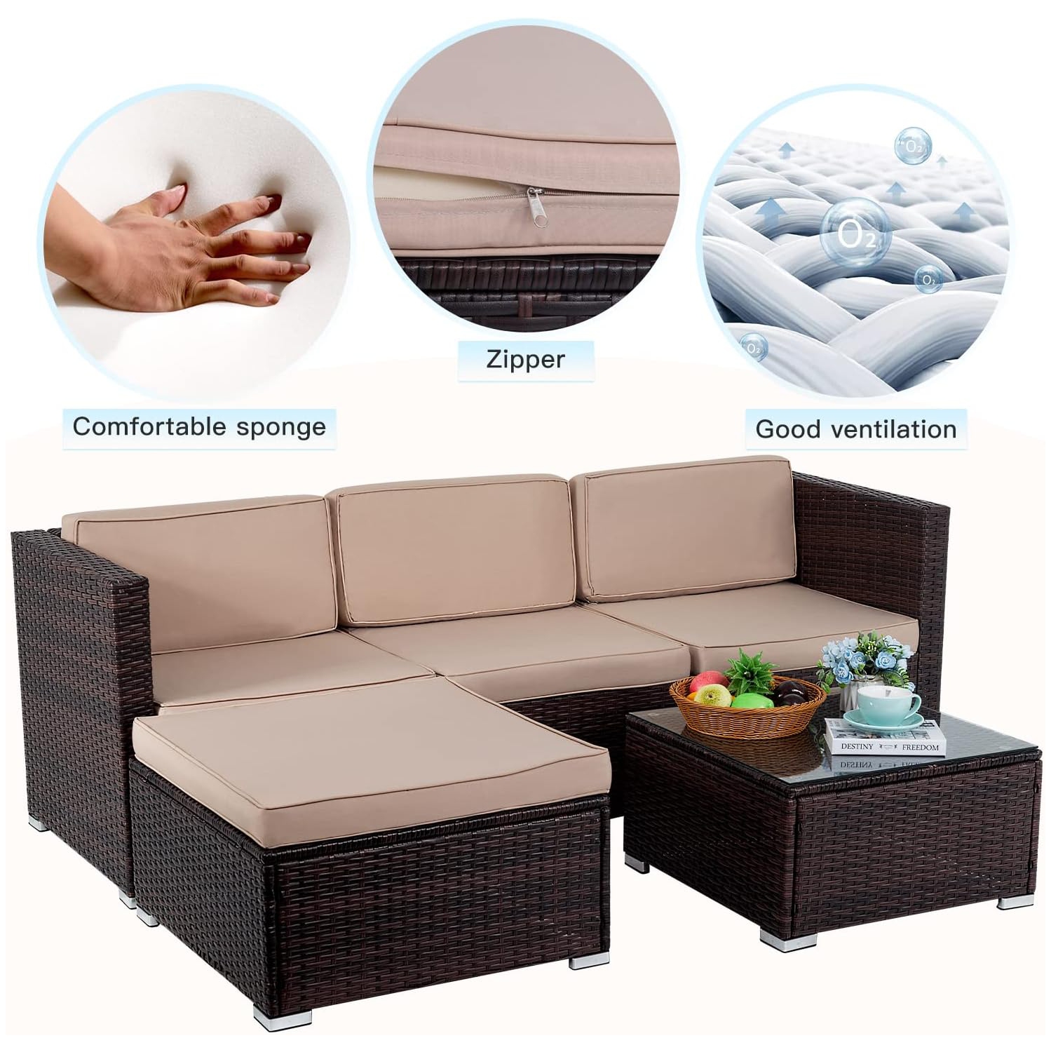 5 Pieces Outdoor Patio Furniture Sets Sectional Sofa Rattan Chair Wicker Conversation Set Outdoor Backyard Porch Poolside Balcony Garden Furniture