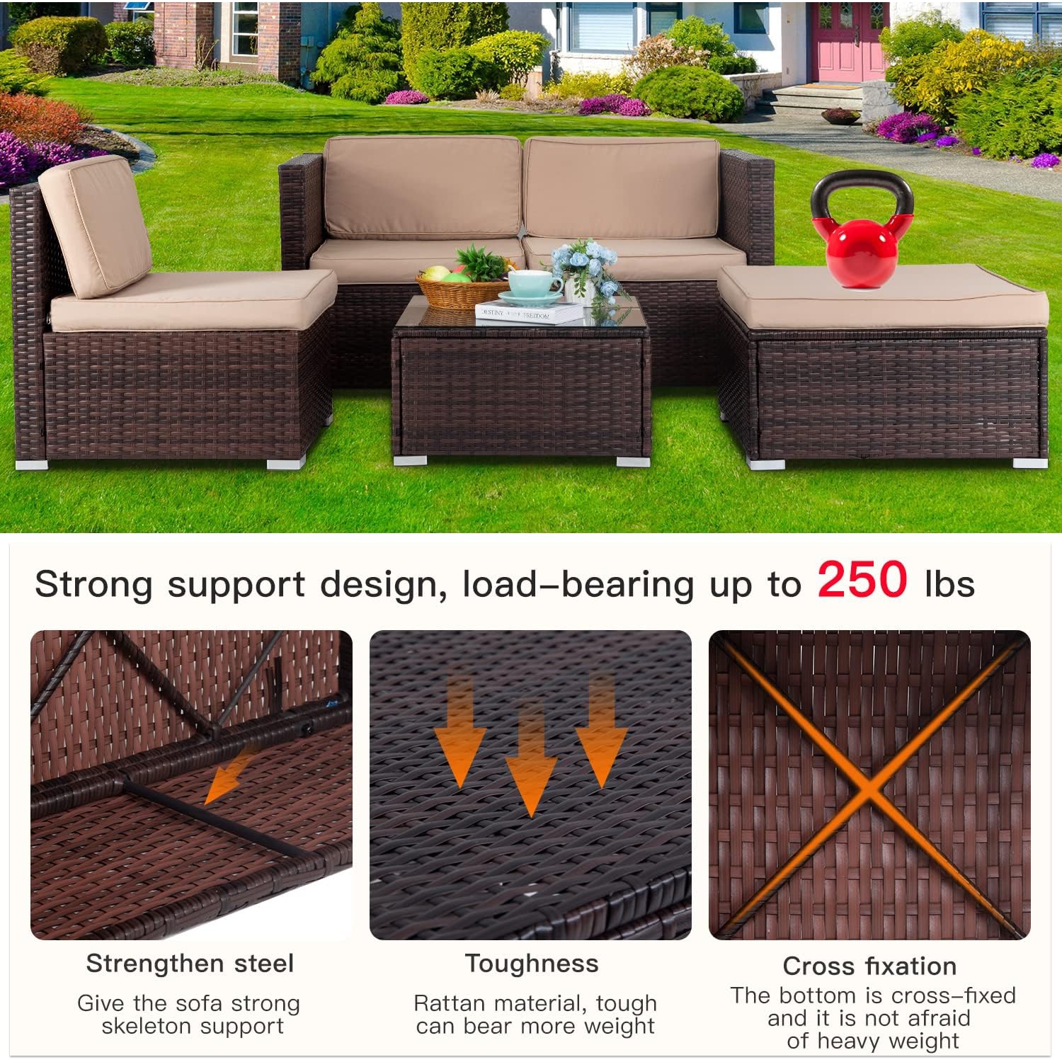 5 Pieces Outdoor Patio Furniture Sets Sectional Sofa Rattan Chair Wicker Conversation Set Outdoor Backyard Porch Poolside Balcony Garden Furniture