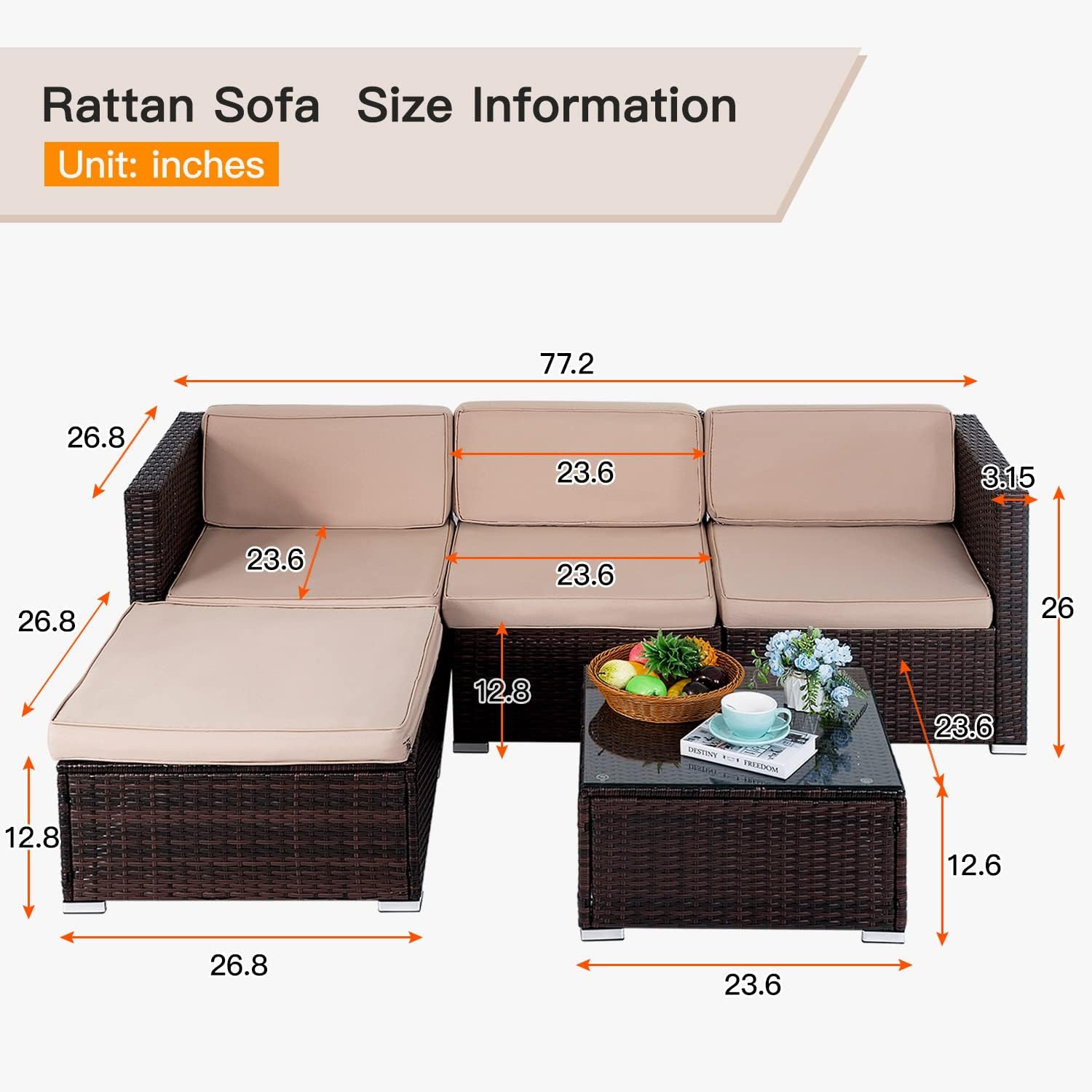 5 Pieces Outdoor Patio Furniture Sets Sectional Sofa Rattan Chair Wicker Conversation Set Outdoor Backyard Porch Poolside Balcony Garden Furniture