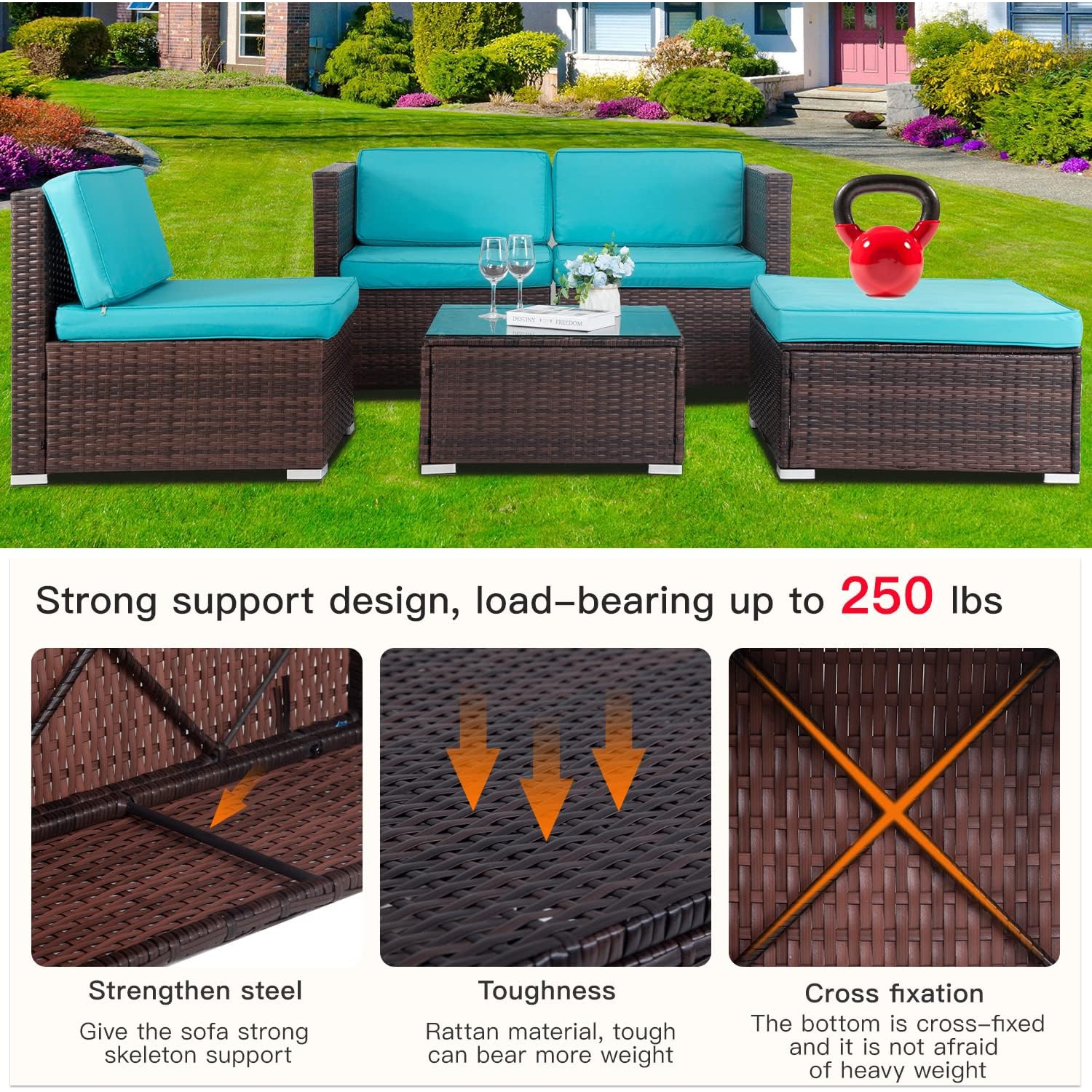 5 Pieces Outdoor Patio Furniture Sets Sectional Sofa Rattan Chair Wicker Conversation Set Outdoor Backyard Porch Poolside Balcony Garden Furniture