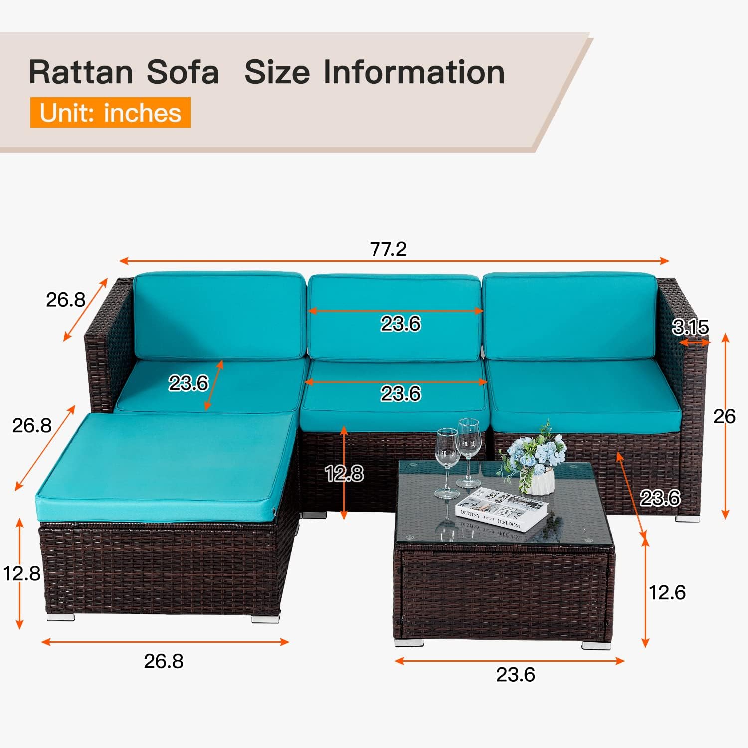 5 Pieces Outdoor Patio Furniture Sets Sectional Sofa Rattan Chair Wicker Conversation Set Outdoor Backyard Porch Poolside Balcony Garden Furniture