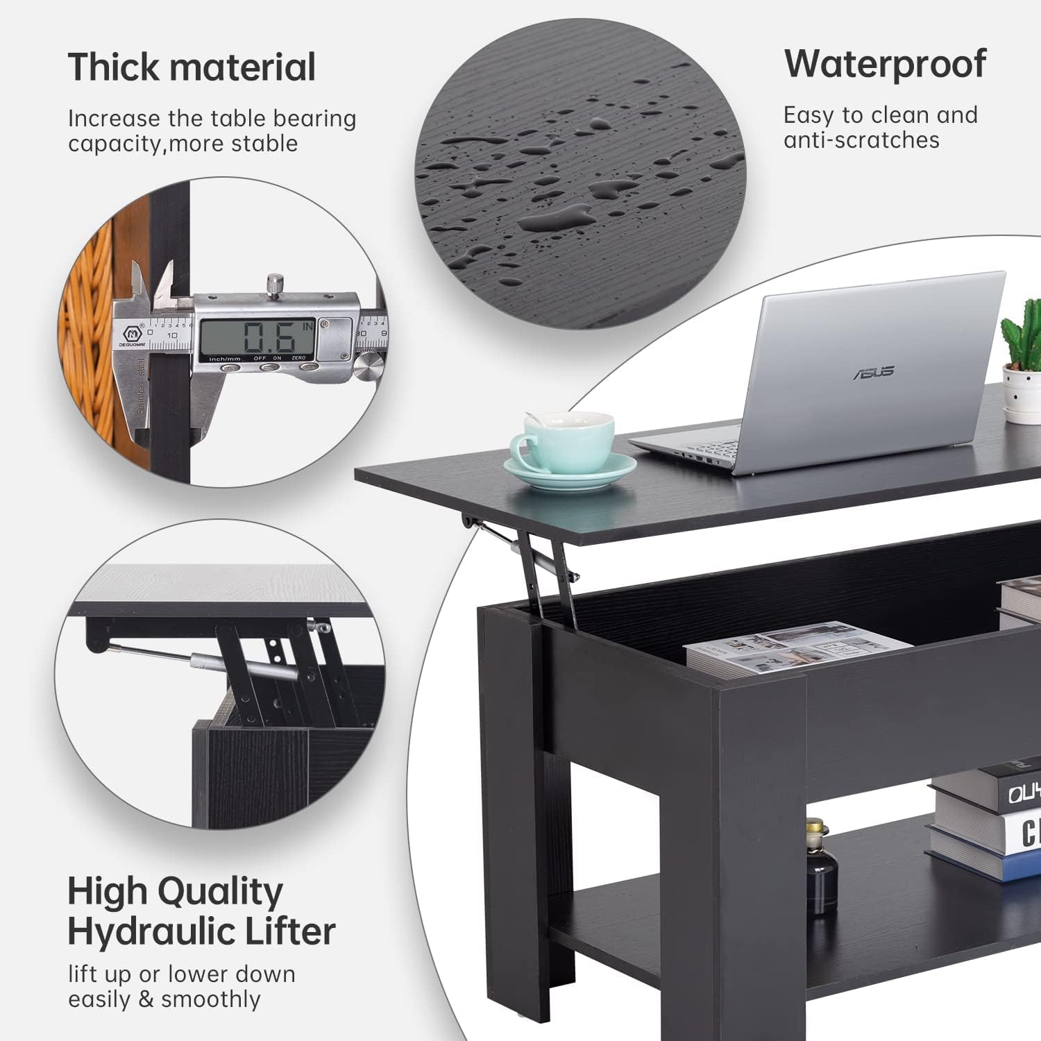 Lift Top Coffee Table with Hidden Compartment and Storage Shelf Wooden Lift Tabletop for Home Living Room Reception Room Office