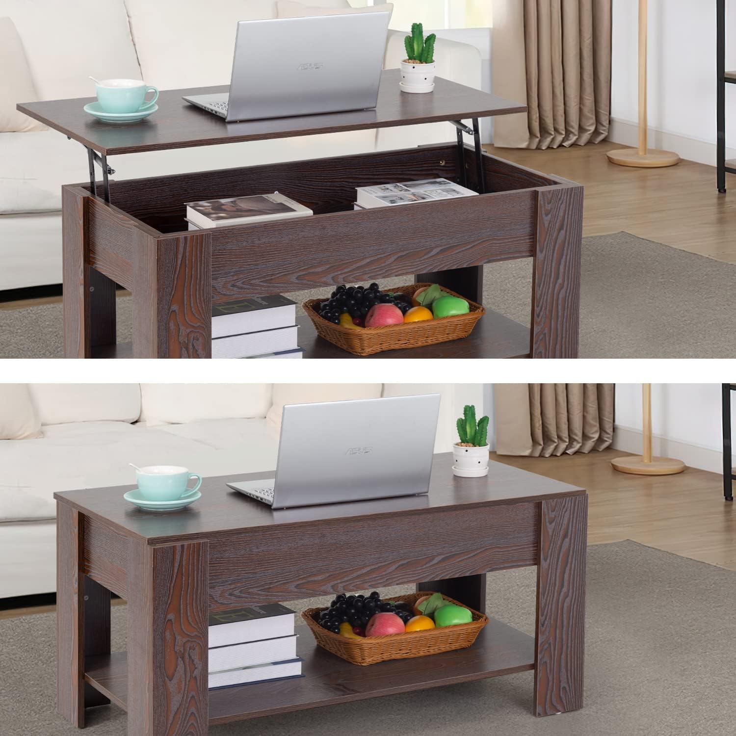 Table basse à plateau relevable avec compartiment dissimulé et tablette de rangement; dessus de table en bois pour le bureau de la salle de réception