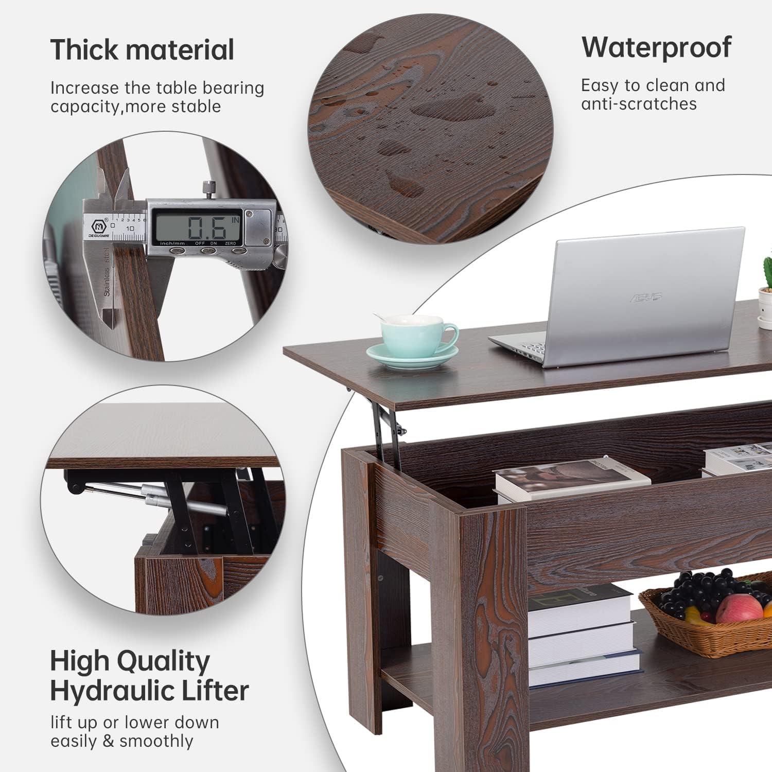 Table basse à plateau relevable avec compartiment dissimulé et tablette de rangement; dessus de table en bois pour le bureau de la salle de réception