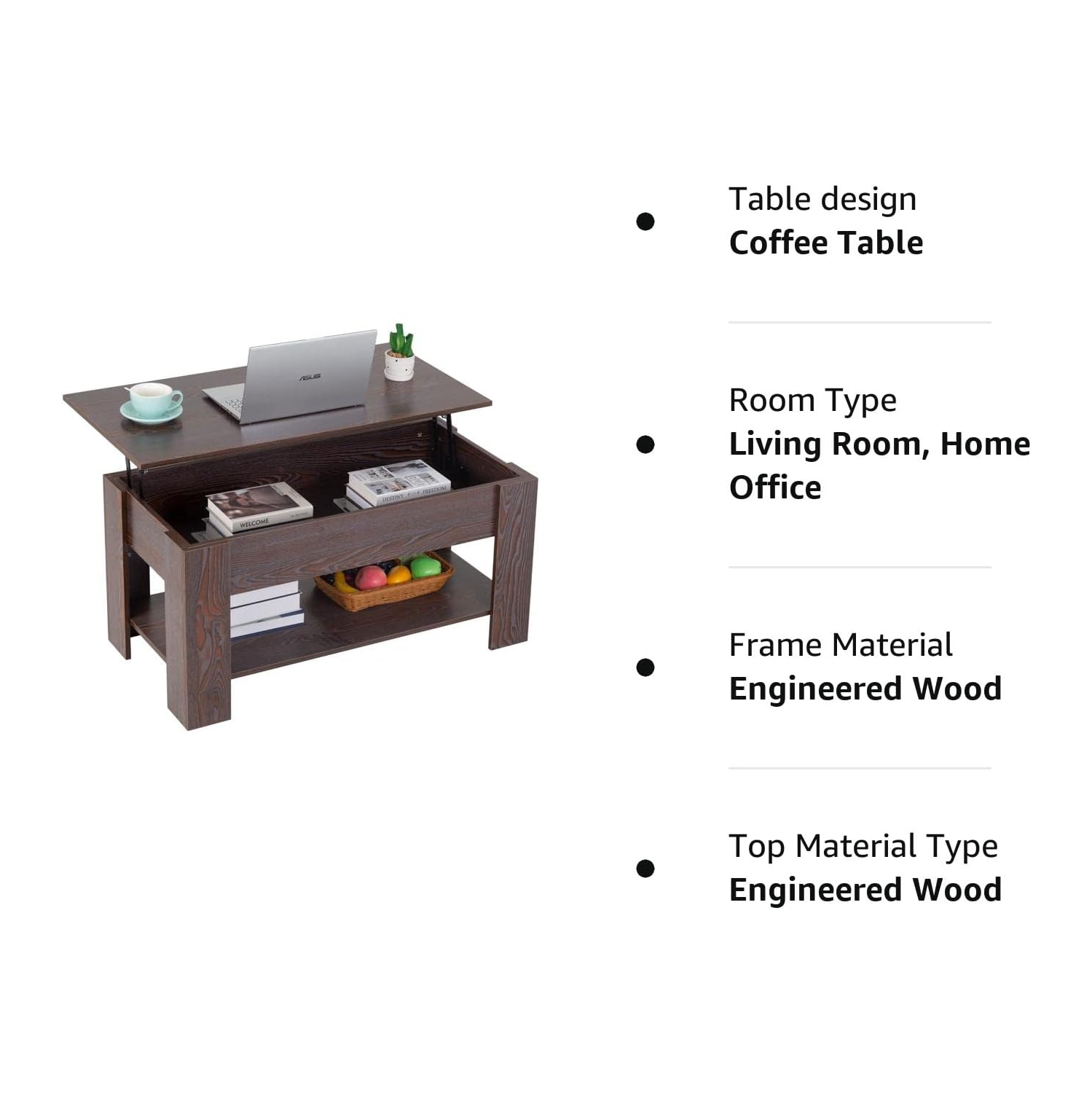 Table basse à plateau relevable avec compartiment dissimulé et tablette de rangement; dessus de table en bois pour le bureau de la salle de réception
