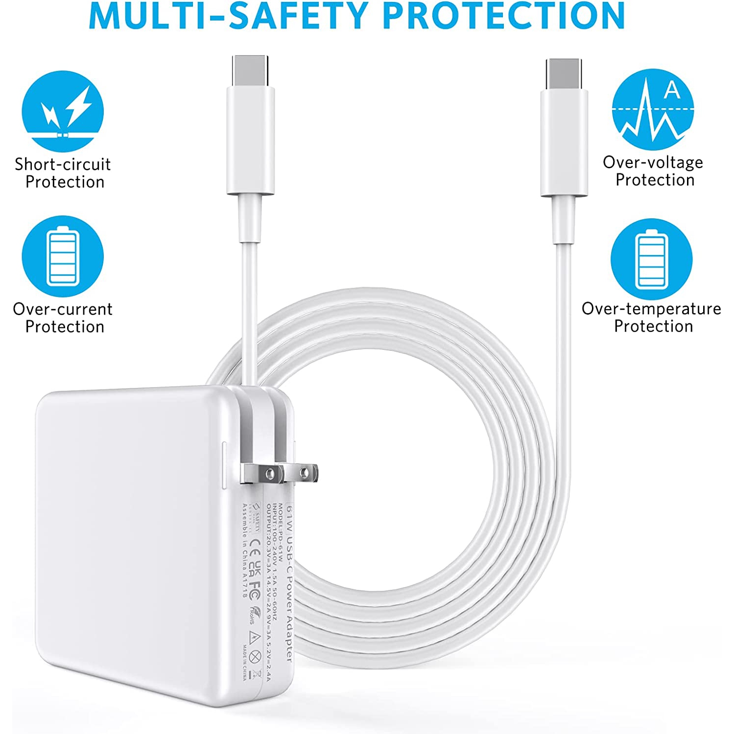 Chargeur de remplacement pour MacBook Pro, adaptateur de chargement rapide USB C de 61&nbsp;W pour MacBook Pro de 13 15 16 po et 2020 2019 2018