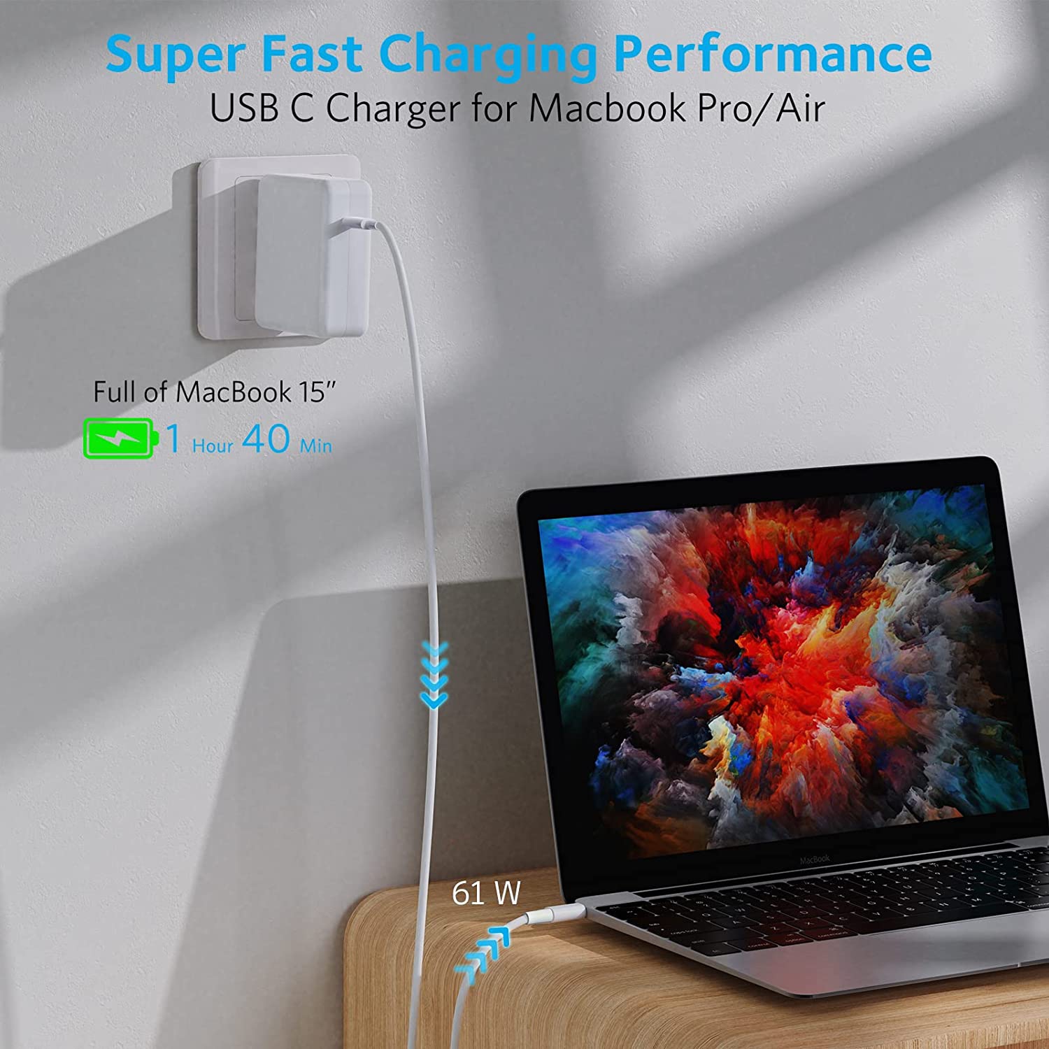 Chargeur de remplacement pour MacBook Pro, adaptateur de chargement rapide USB C de 61&nbsp;W pour MacBook Pro de 13 15 16 po et 2020 2019 2018