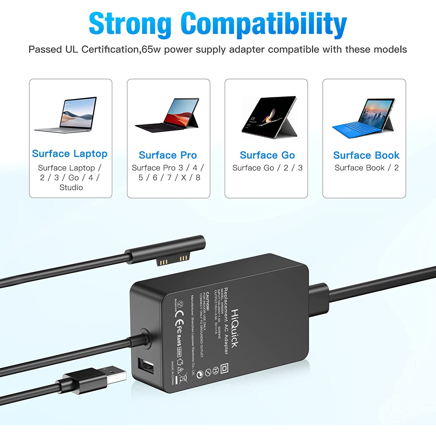 65W Surface Pro Charger with USB Charging Port 15V 4A Laptop Power Supply Adapters, Compatible with Microsoft