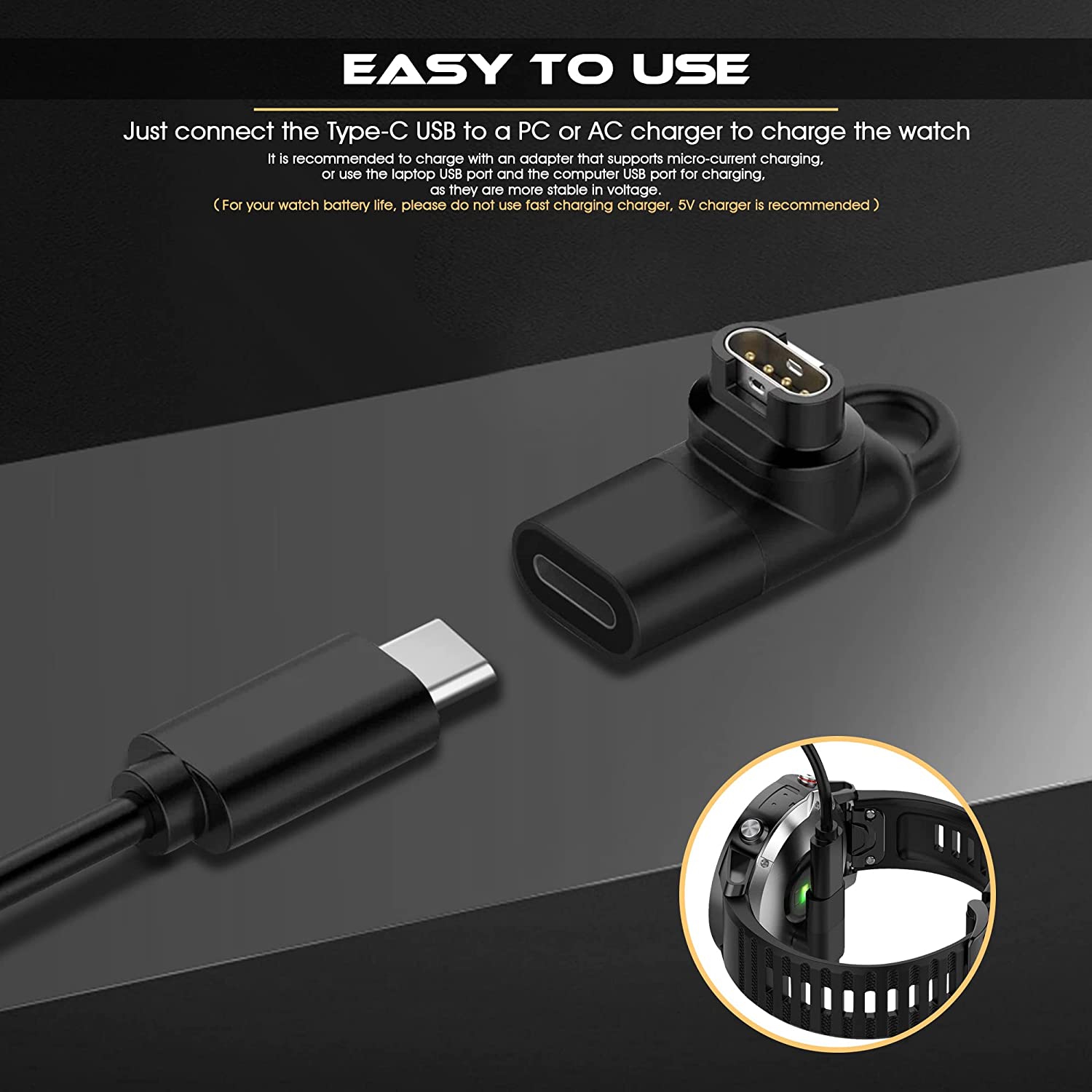 Paquet de 2) Adaptateur USB-C femelle vers Garmin Watch charger connecteur  mâle, accessoires de convertisseur de charge