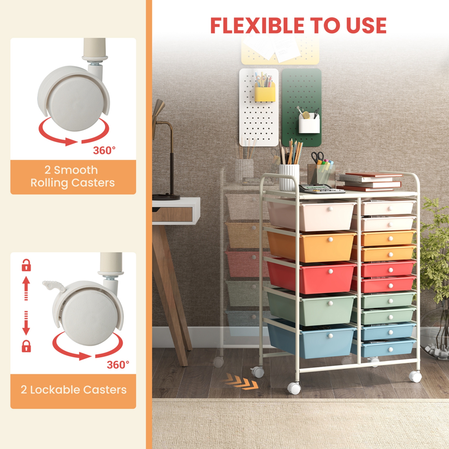 Costway 15 Drawer Rolling Storage Cart Tools Scrapbook Paper Office School Organizer