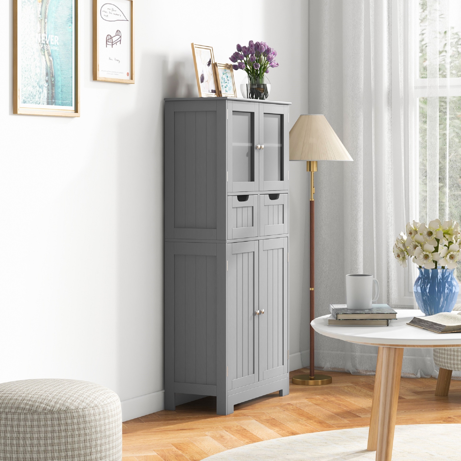 Topbuy Tall Bathroom Storage Cabinet Freestanding Floor Cabinet w/2 Double Door Cabinet& 2 Drawers 3-position Adjustable Shelves