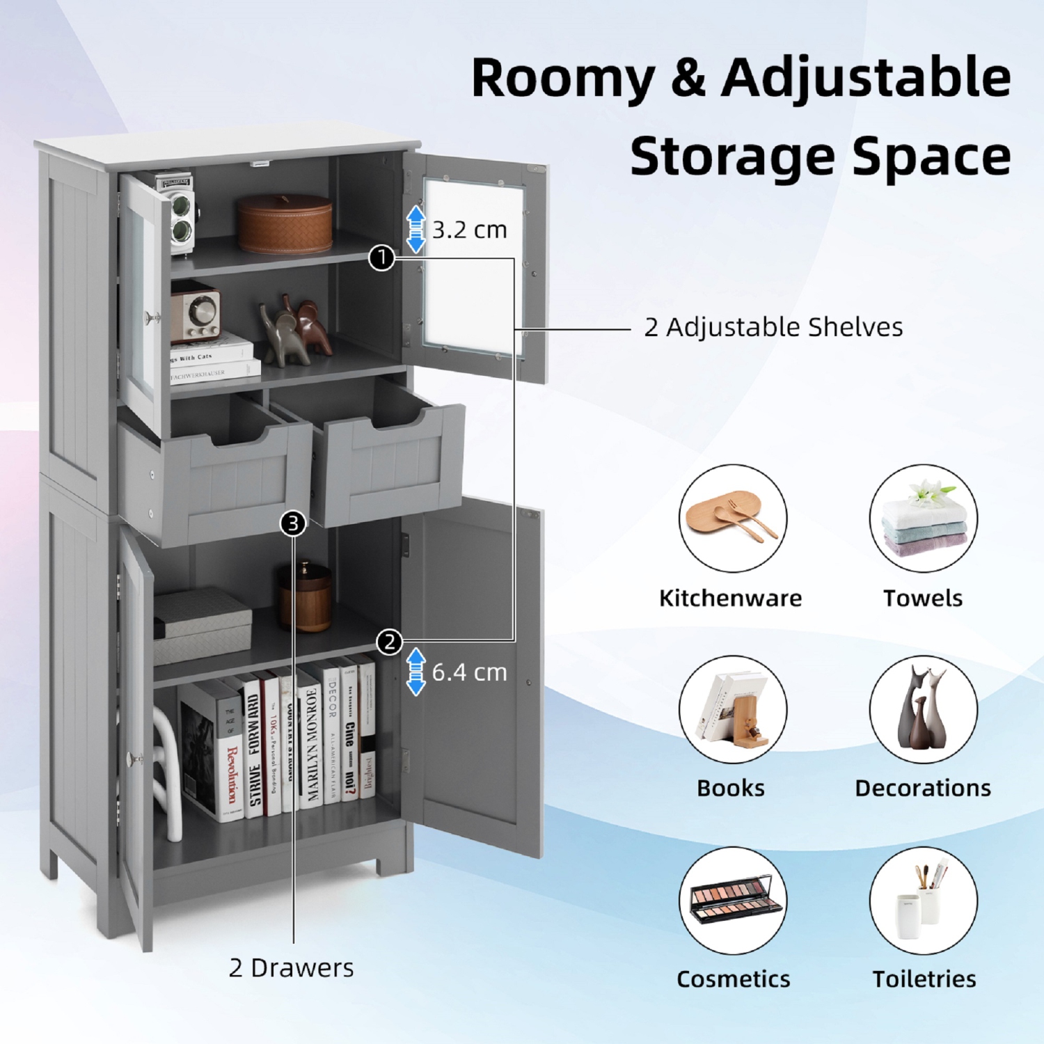 Topbuy Tall Bathroom Storage Cabinet Freestanding Floor Cabinet w/2 Double Door Cabinet& 2 Drawers 3-position Adjustable Shelves