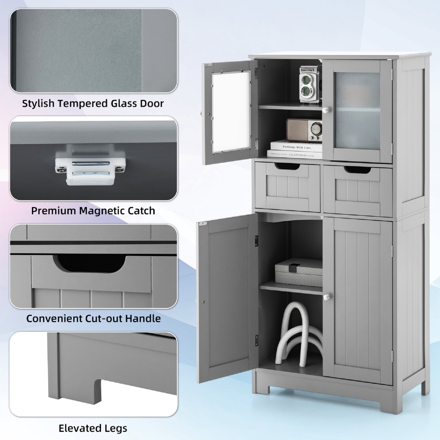 Topbuy Tall Bathroom Storage Cabinet Freestanding Floor Cabinet w/2 Double Door Cabinet& 2 Drawers 3-position Adjustable Shelves