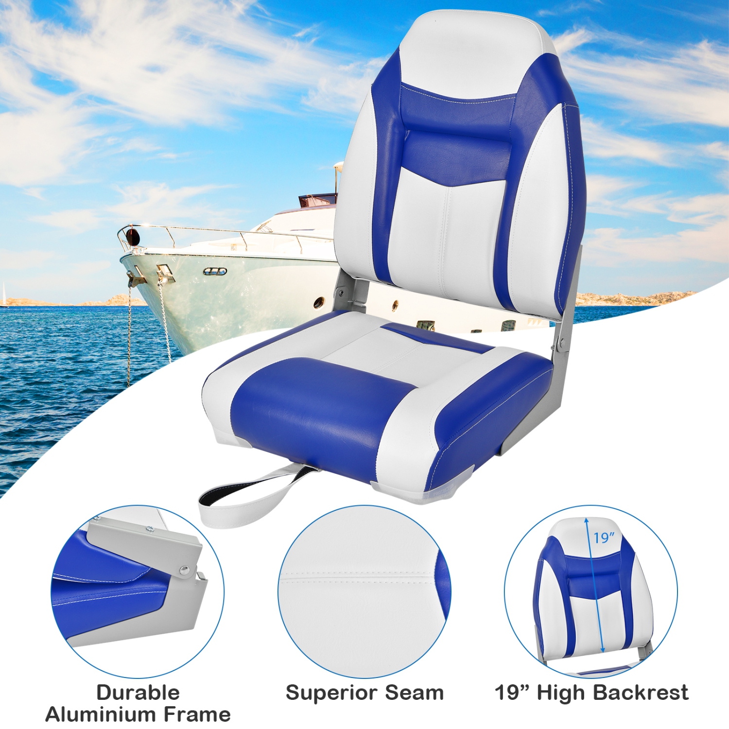 Topbuy High Back Boat Seat, Folding Fishing Seat w/ Soft Padded Cushion  &Flexible Hinges Fold-down Captain Boat Seat Blue