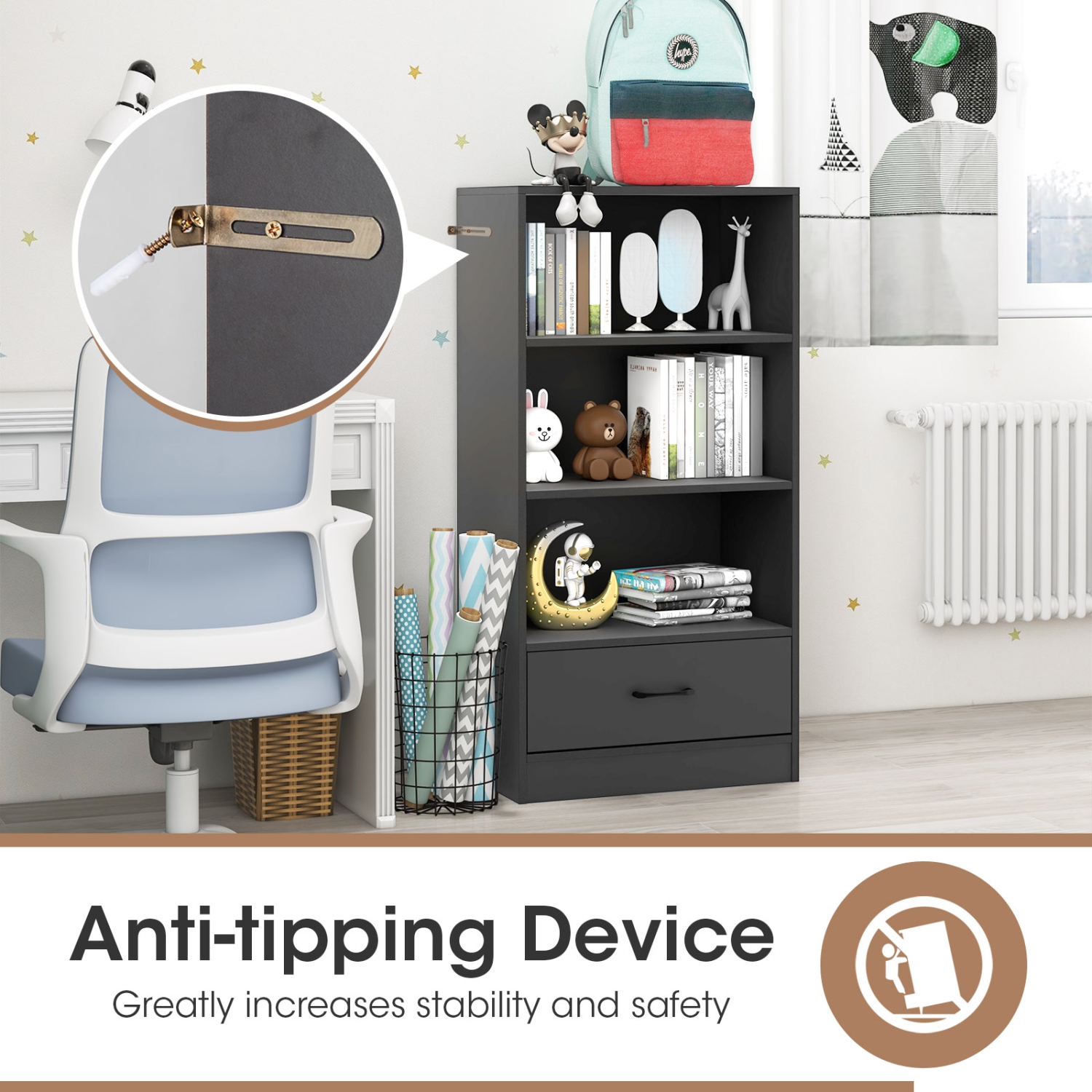 Bibliothèque à 4 niveaux avec tiroir de rangement/tablette de rangement moderne/3 tablettes ouvertes/tablette de présentation