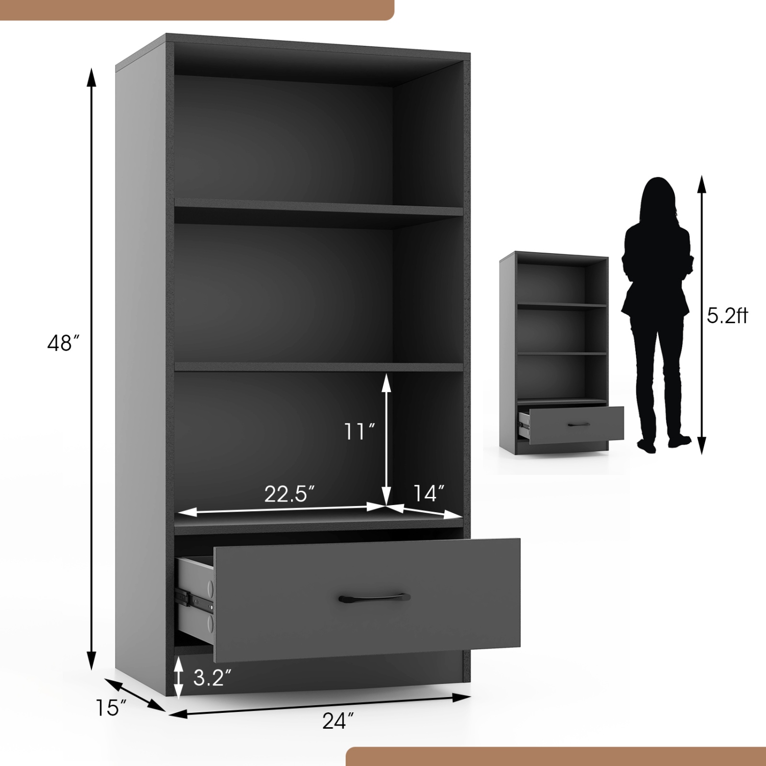 Bibliothèque à 4 niveaux avec tiroir de rangement/tablette de rangement moderne/3 tablettes ouvertes/tablette de présentation