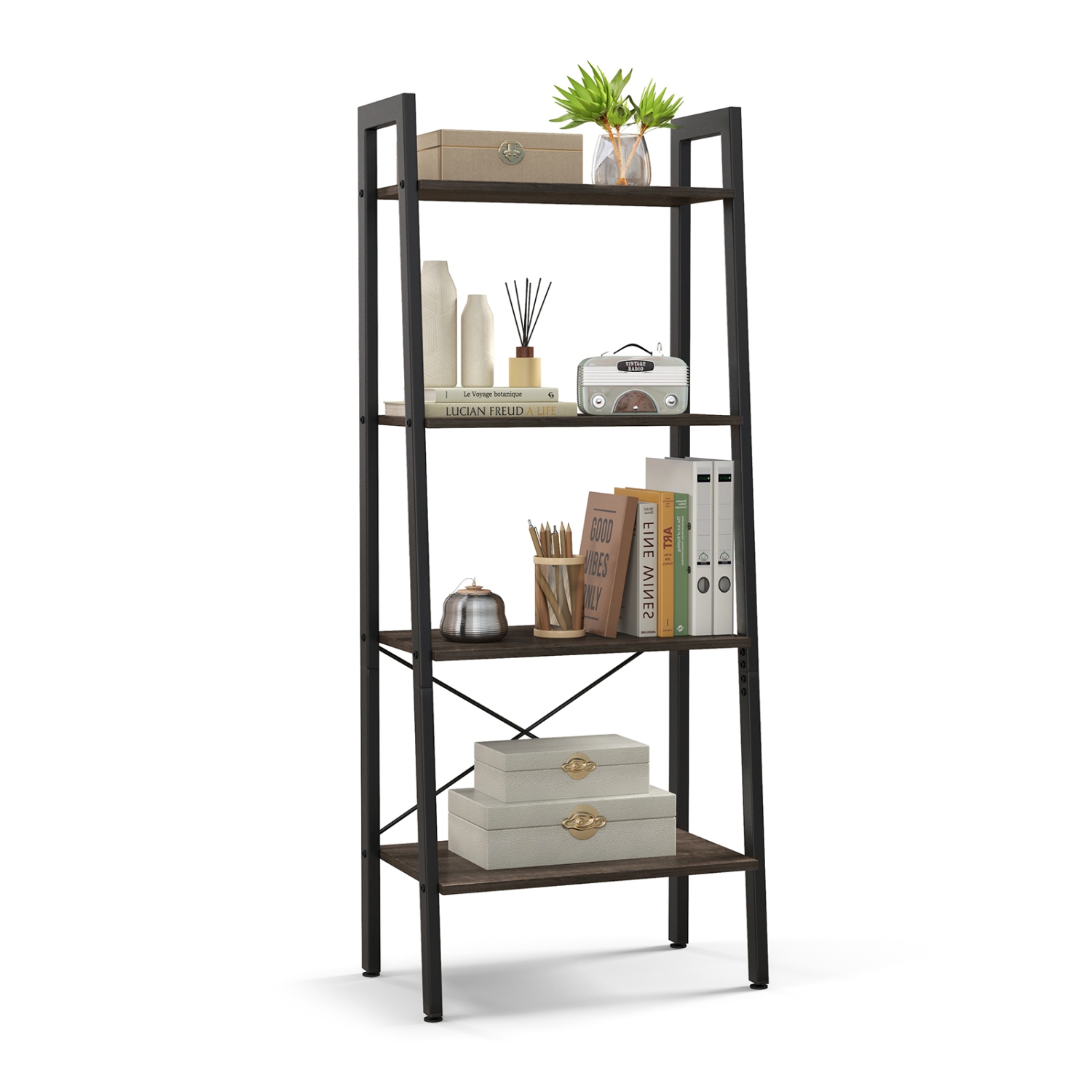 Topbuy 4-Tier Ladder Bookshelf Industrial Wooden Bookcase with Metal Frame Anti-Toppling Device Rack Rustic Brown/Gray Oak