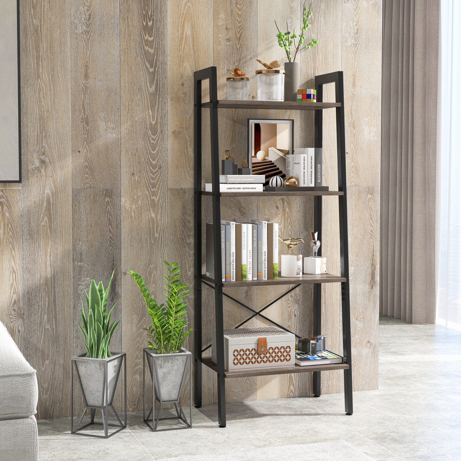 Topbuy 4-Tier Ladder Bookshelf Industrial Wooden Bookcase with Metal Frame Anti-Toppling Device Rack Rustic Brown/Gray Oak