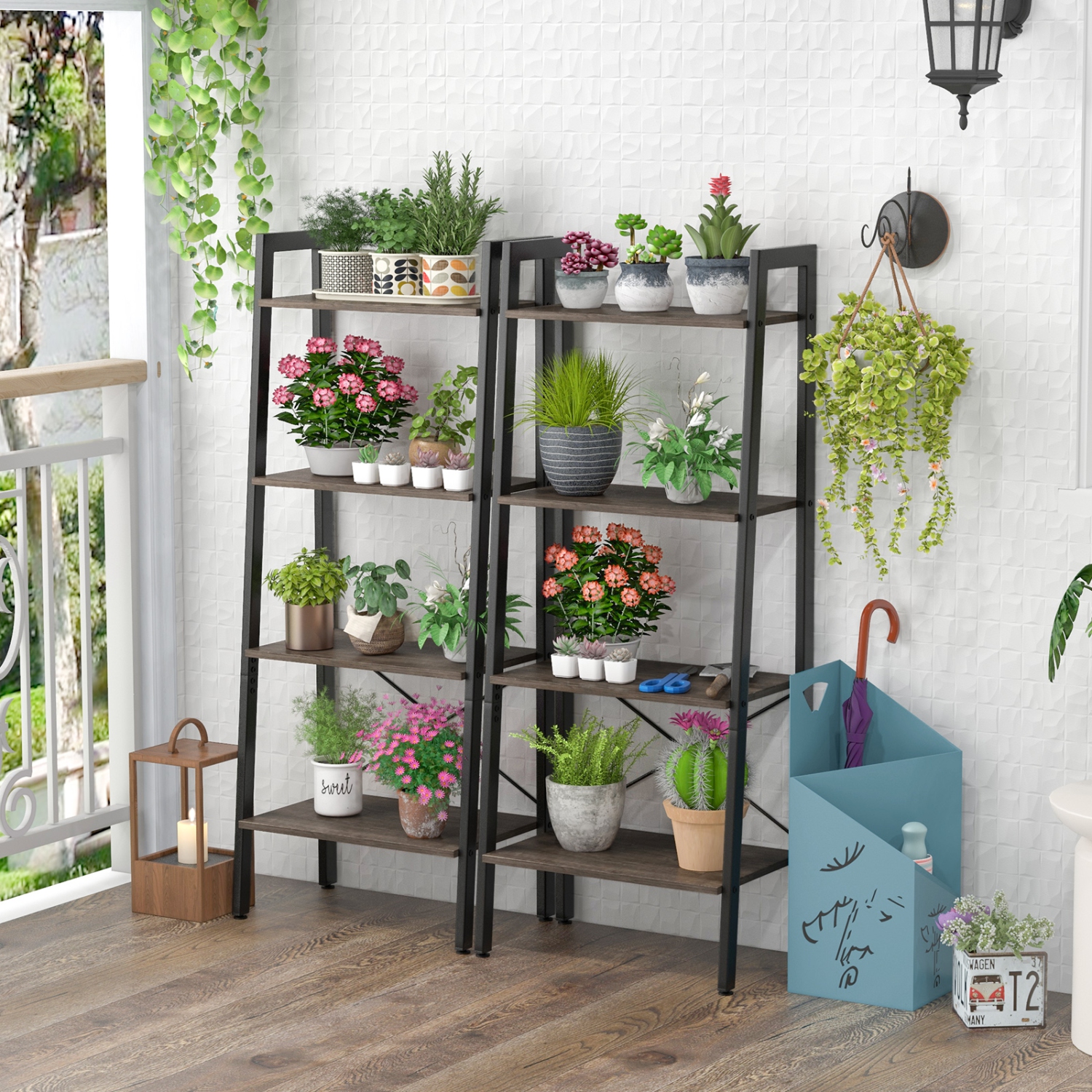 Topbuy 4-Tier Ladder Bookshelf Industrial Wooden Bookcase with Metal Frame Anti-Toppling Device Rack Rustic Brown/Gray Oak