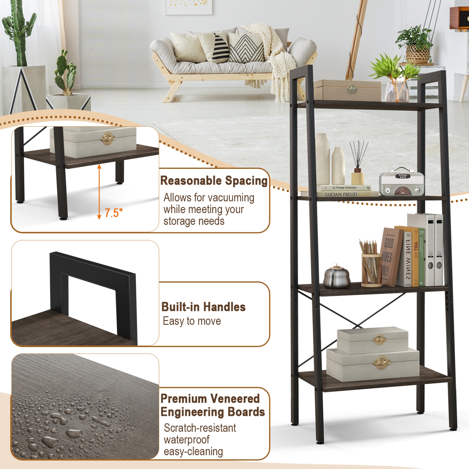 Topbuy 4-Tier Ladder Bookshelf Industrial Wooden Bookcase with Metal Frame Anti-Toppling Device Rack Rustic Brown/Gray Oak