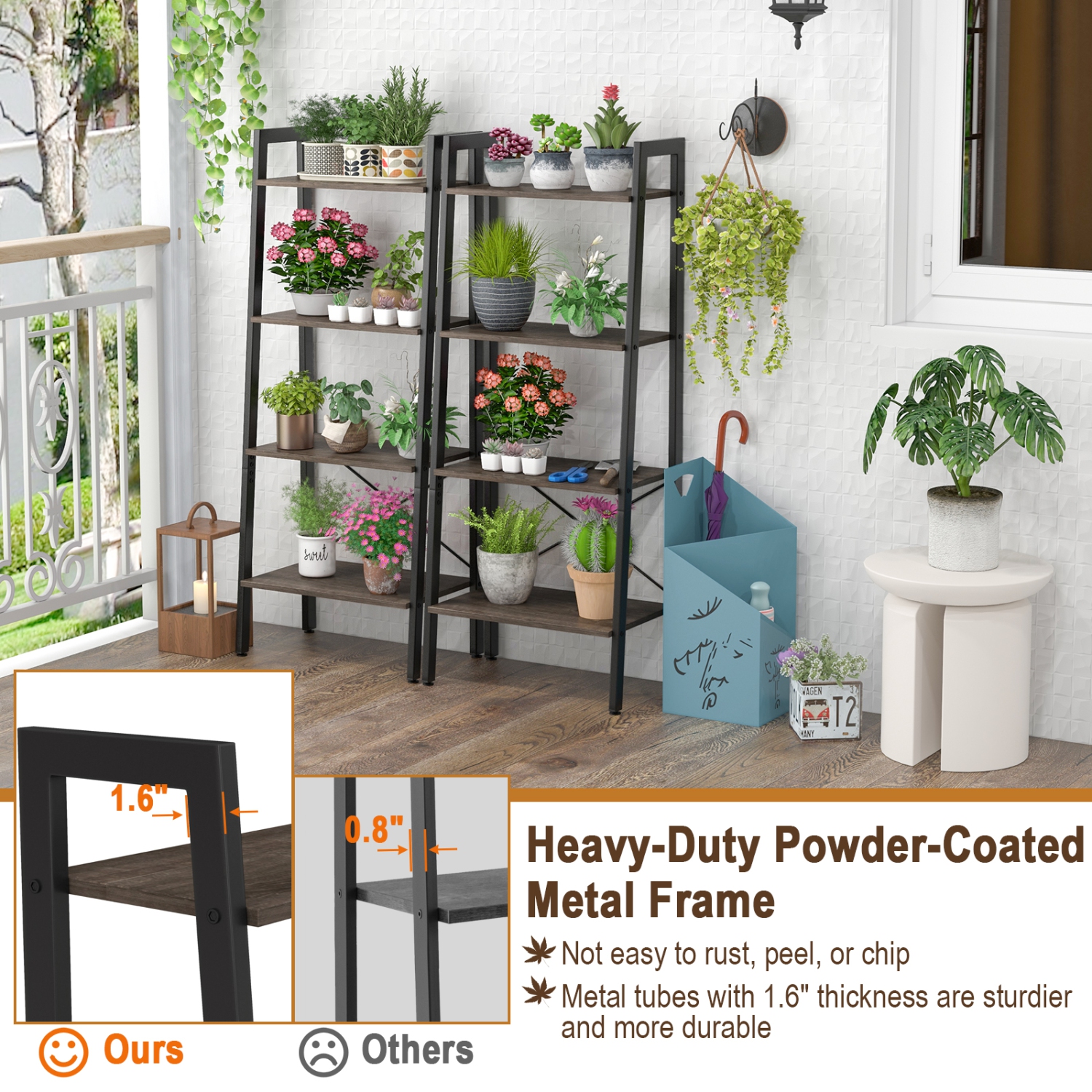 Topbuy 4-Tier Ladder Bookshelf Industrial Wooden Bookcase with Metal Frame Anti-Toppling Device Rack Rustic Brown/Gray Oak