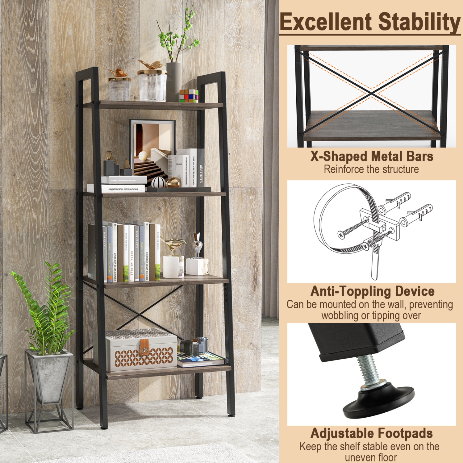 Topbuy 4-Tier Ladder Bookshelf Industrial Wooden Bookcase with Metal Frame Anti-Toppling Device Rack Rustic Brown/Gray Oak
