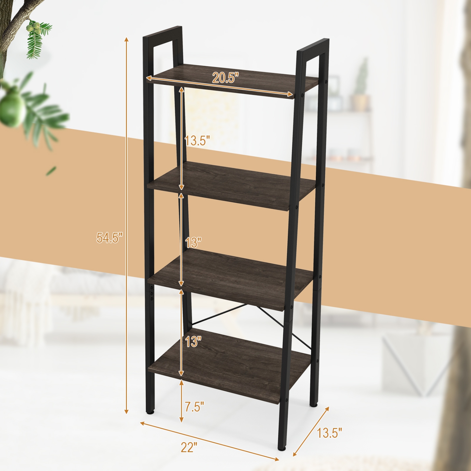 Topbuy 4-Tier Ladder Bookshelf Industrial Wooden Bookcase with Metal Frame Anti-Toppling Device Rack Rustic Brown/Gray Oak