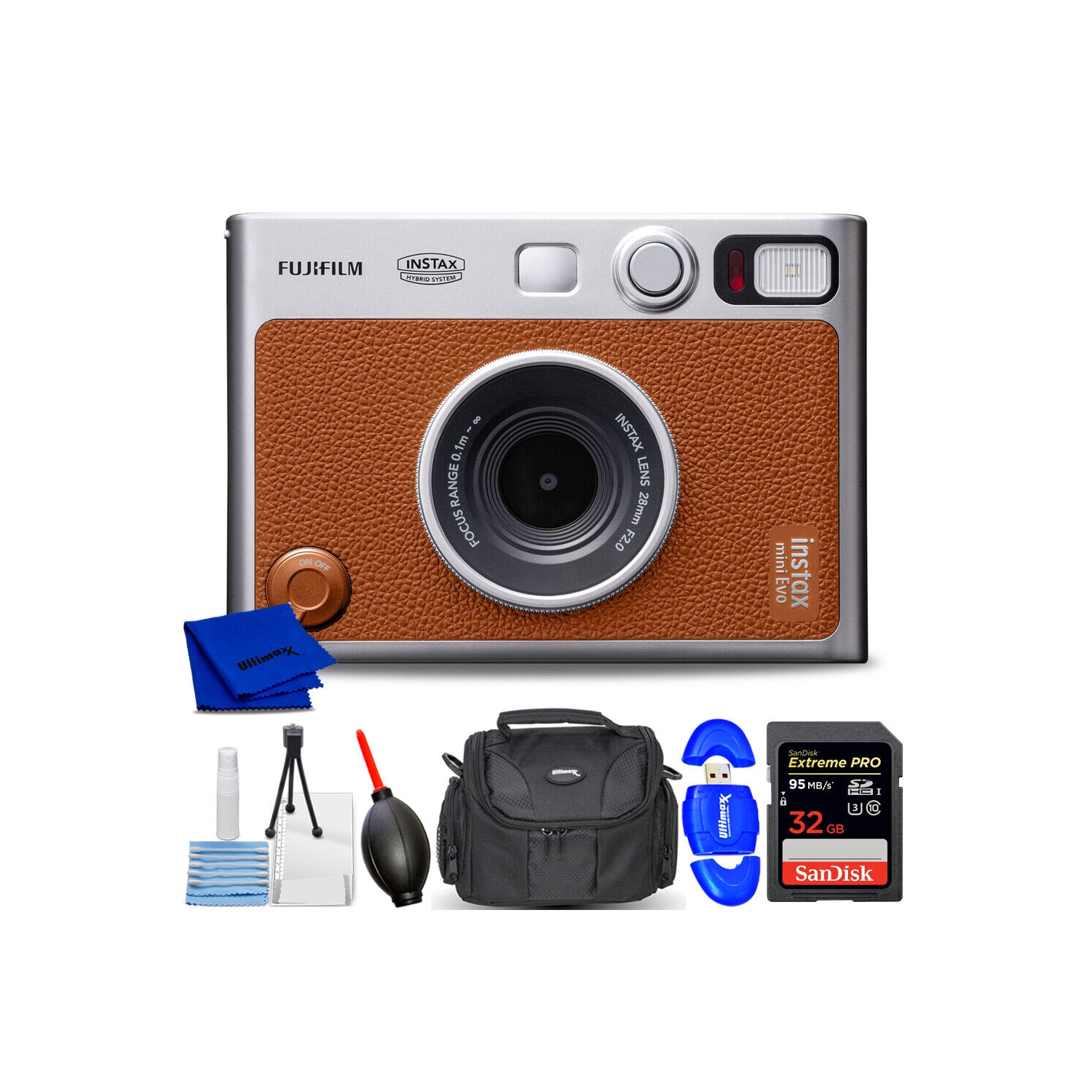 FUJIFILM INSTAX MINI EVO Hybrid Instant Camera (Brown) 16812534 - 7PC Bundle