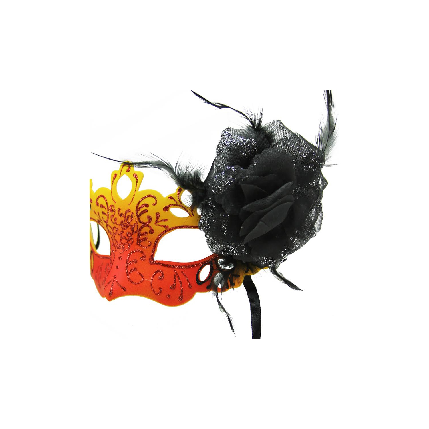 7" Orange, Yellow and Black Glittered Faux Feathered Halloween Masquerade Mask