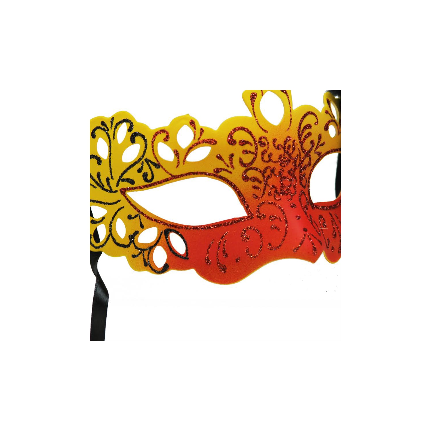 7" Orange, Yellow and Black Glittered Faux Feathered Halloween Masquerade Mask