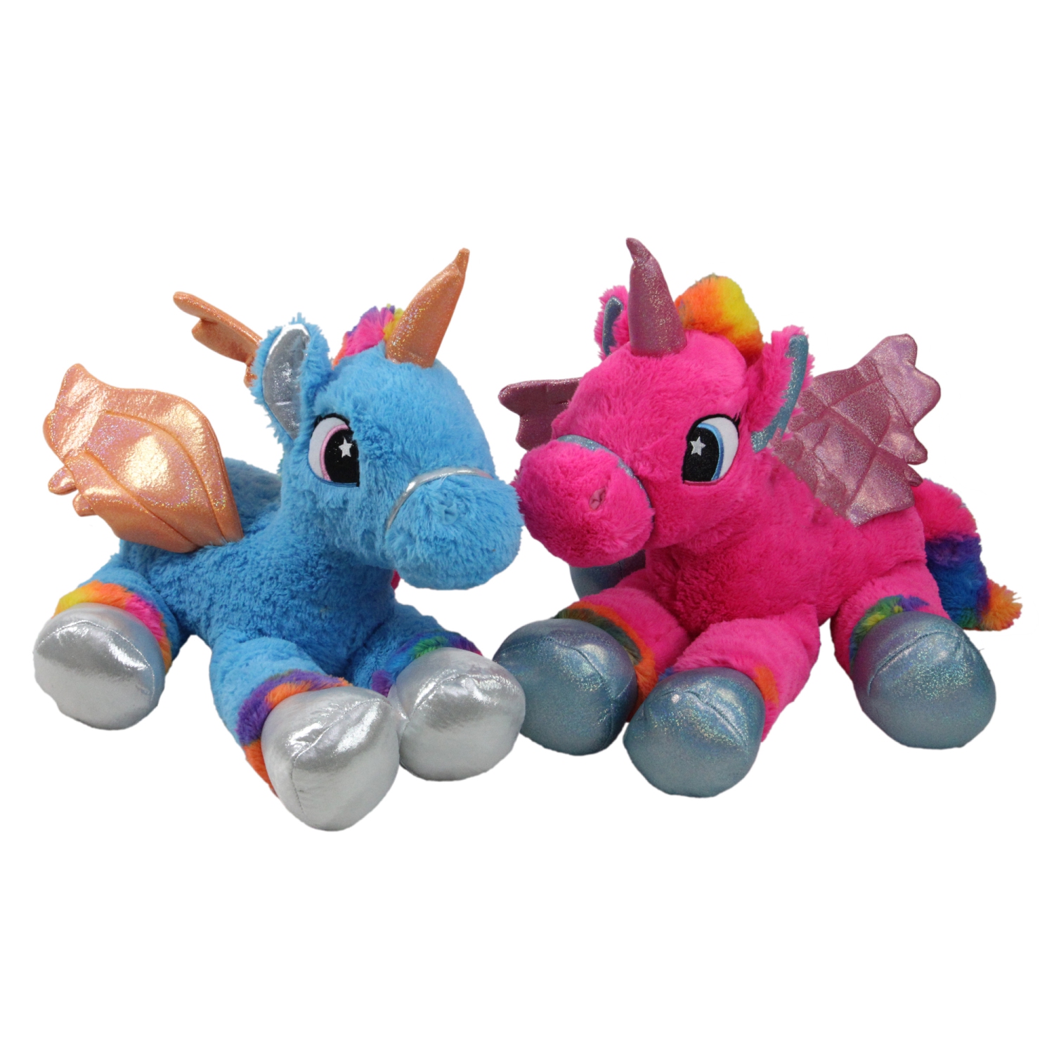 Set of 2 Super Soft and Plush Pink and Blue Sitting Winged Unicorns Stuffed Animal Figures 23.5"
