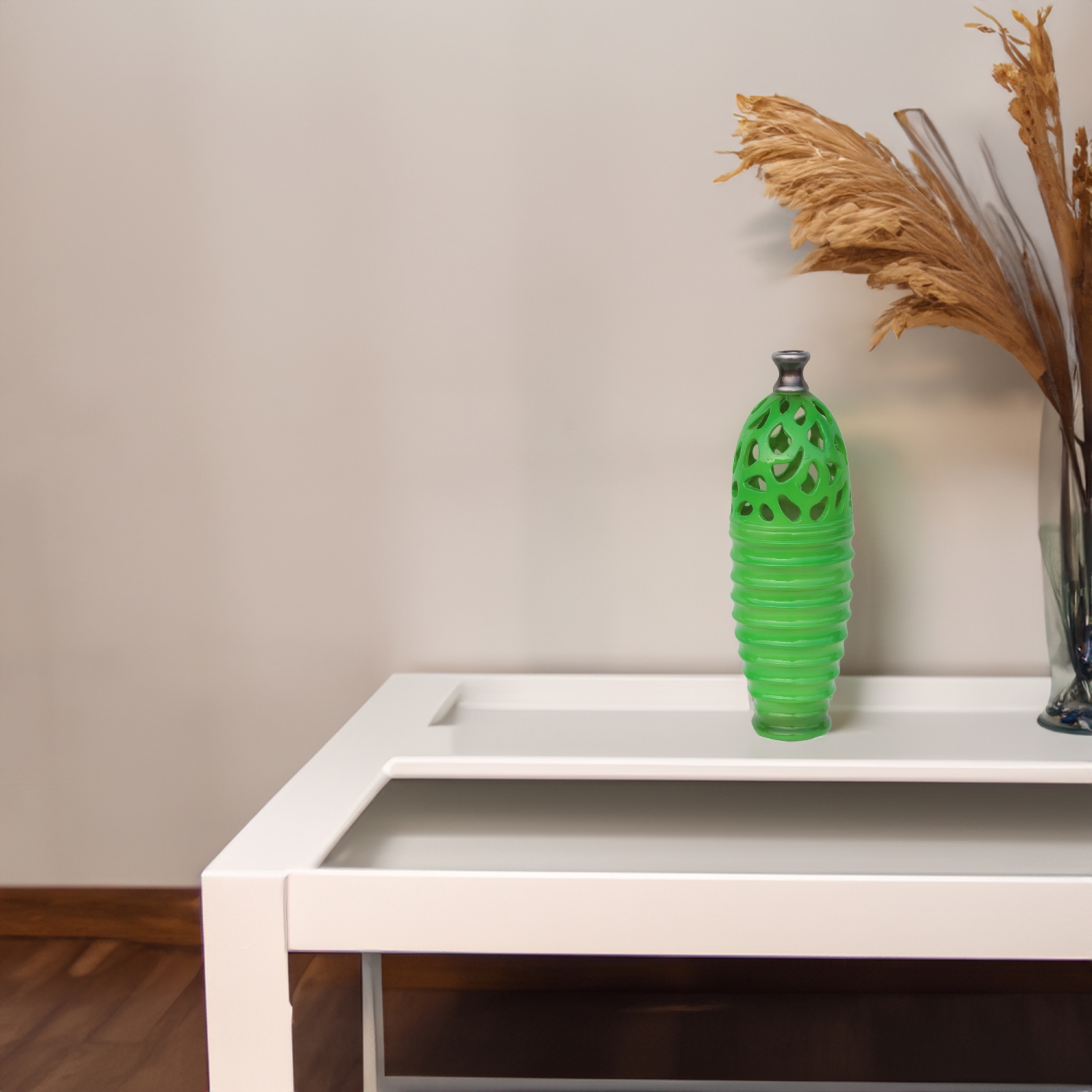 Vase bas de 15 po à découpe contemporaine vert lime et gris brillant pour terrasse extérieure