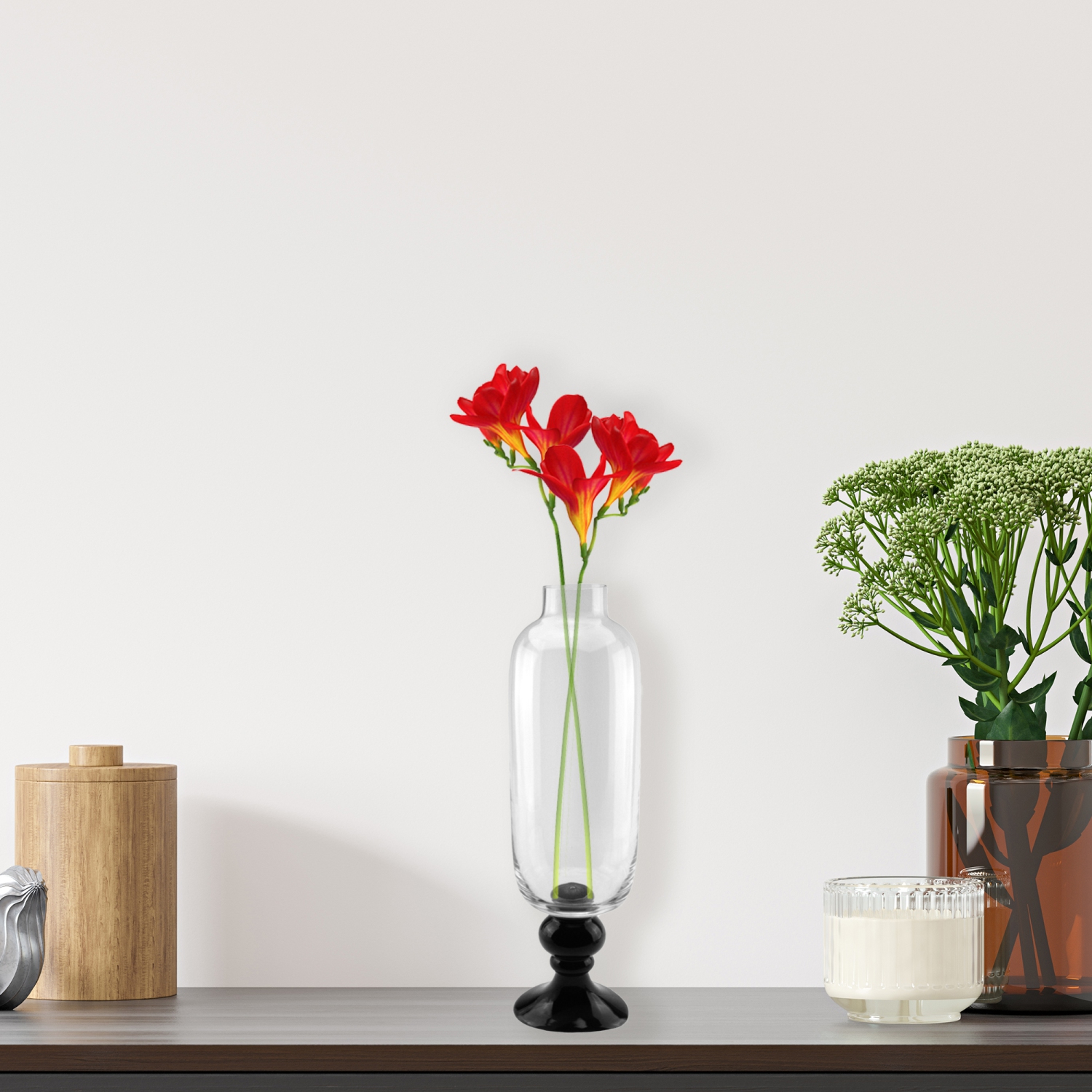 Vase en forme de fleur de 23,5 po en verre transparent et noir de jais