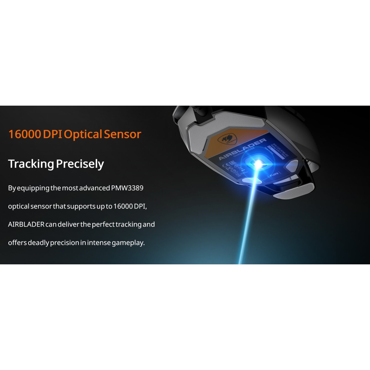 Cougar Air Blader Gaming Mouse, Ergonomic Design, Lightweight 65g, PMW3389 Sensor, 2KHz Polling Rate, Black