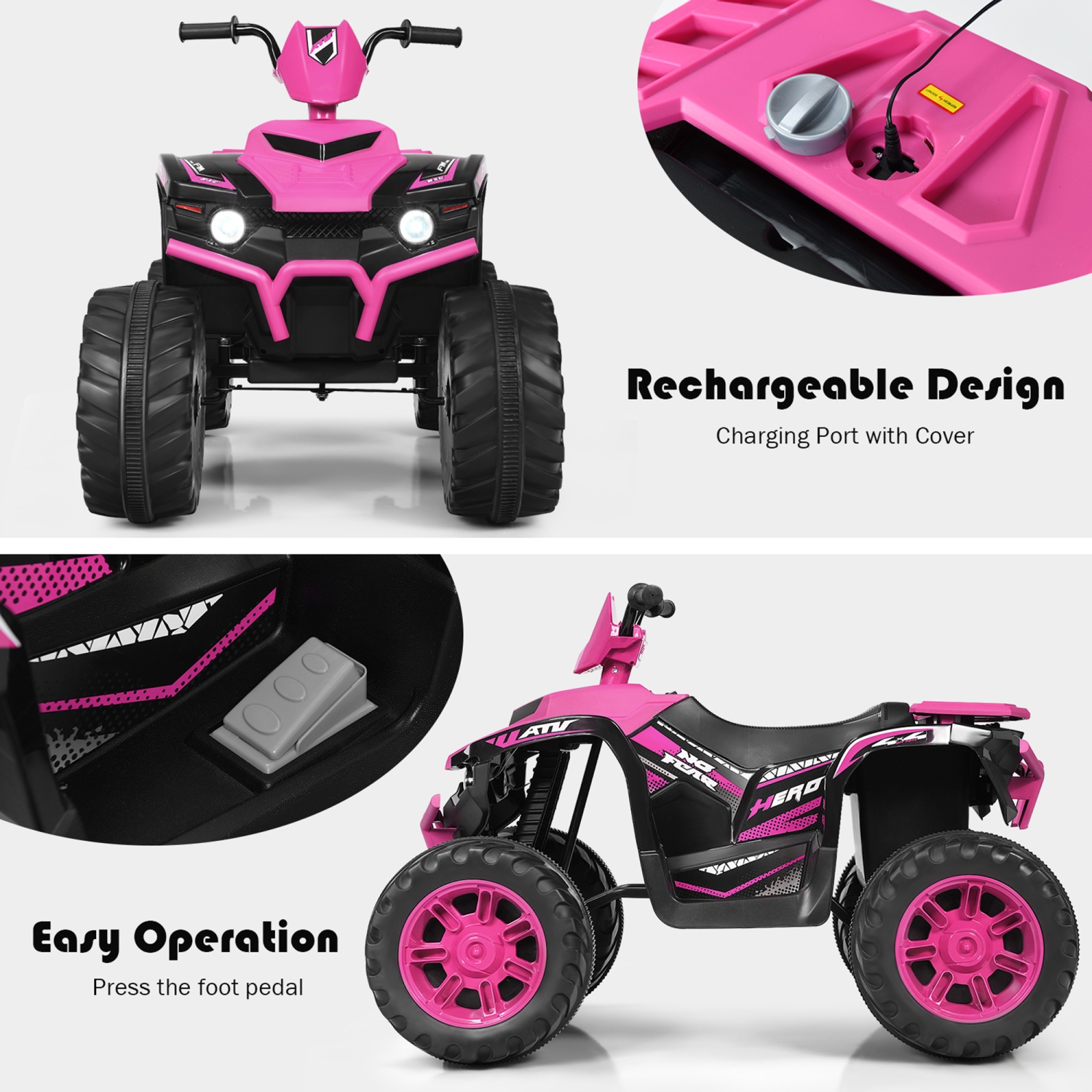 Gymax 12V Electric Kids Ride On Car ATV 4-Wheeler Quad w/ Music LED Light Pink