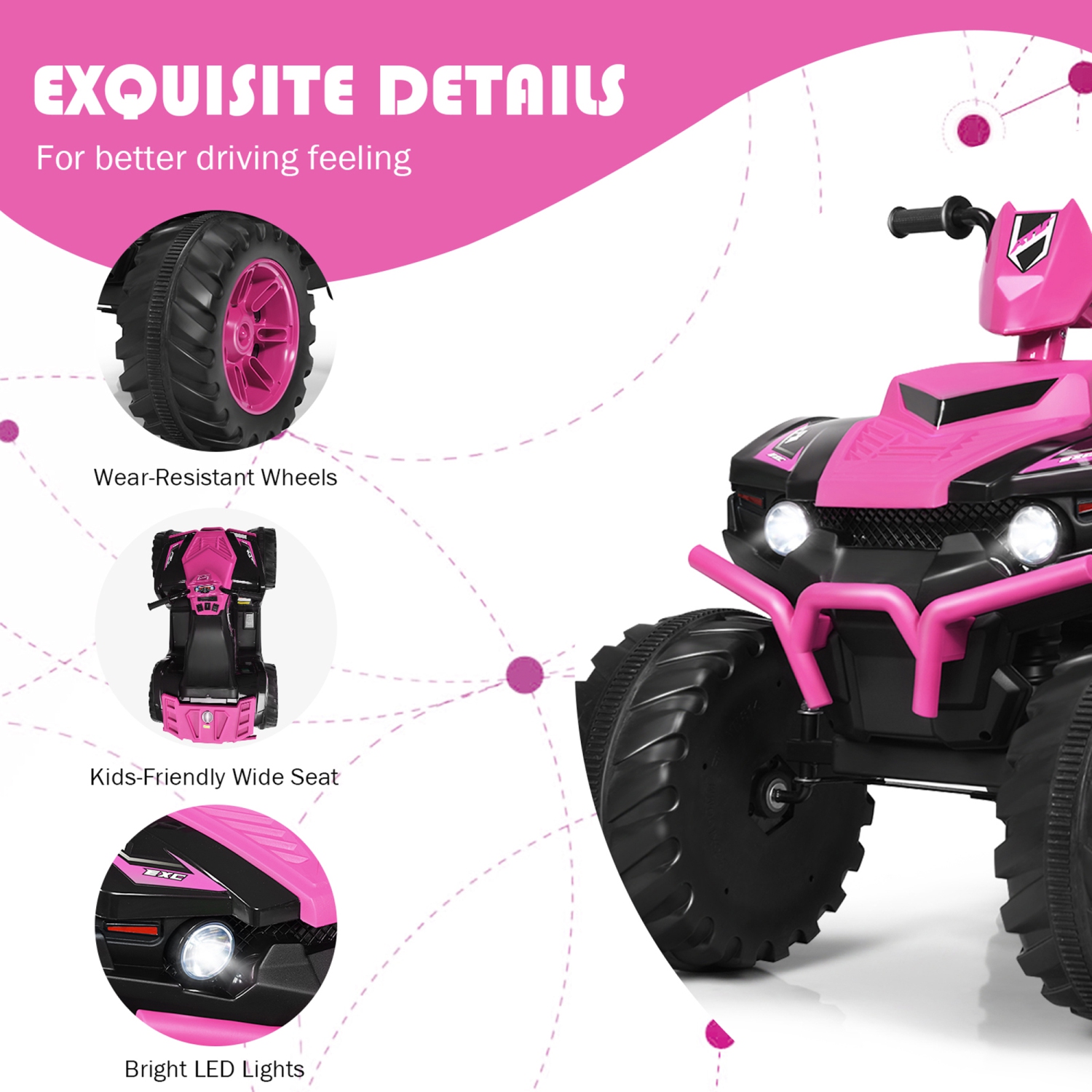 Gymax 12V Electric Kids Ride On Car ATV 4-Wheeler Quad w/ Music LED Light Pink