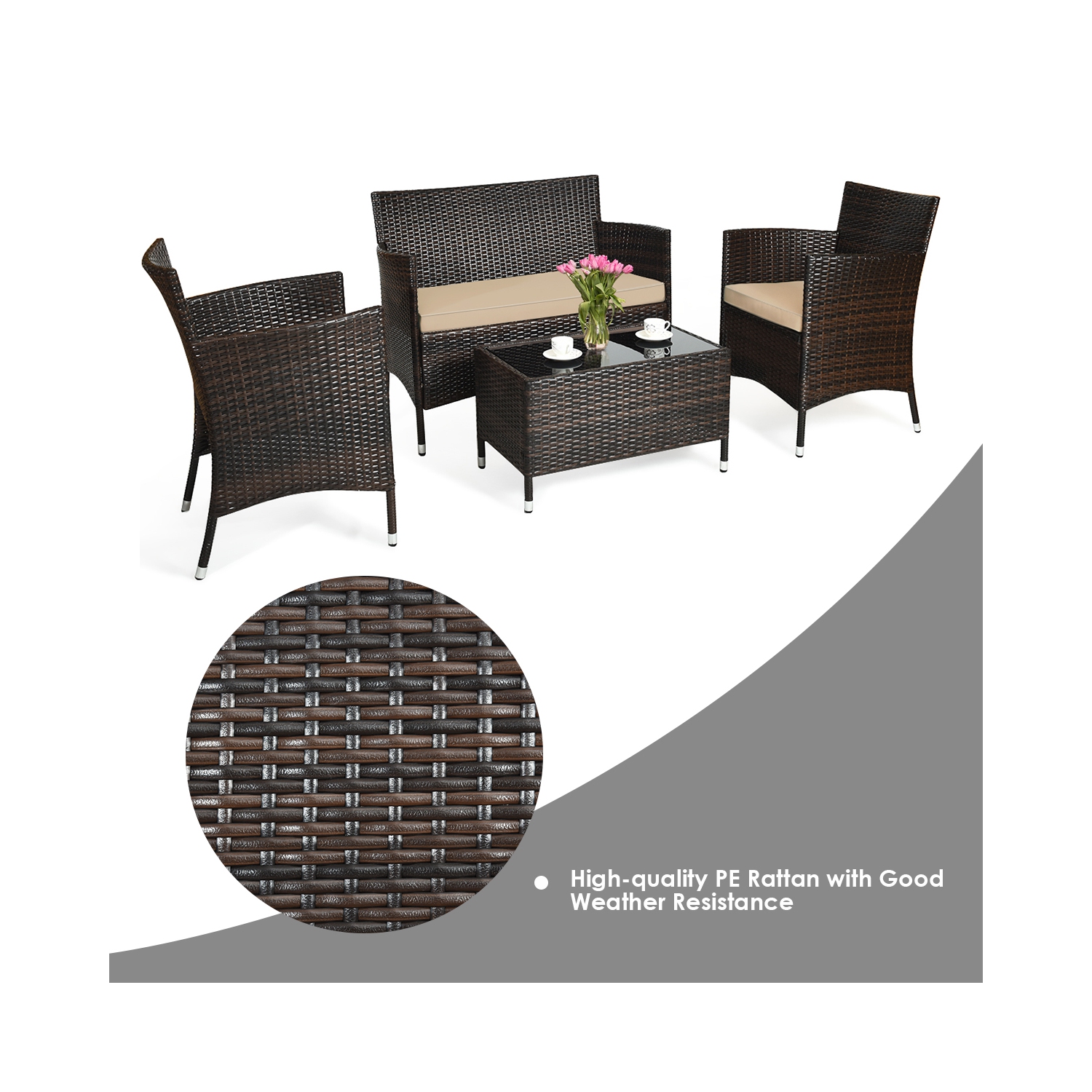 Gymax 4PCS Patio Rattan Conversation Furniture Set Outdoor w/ Brown & Grey Cushion