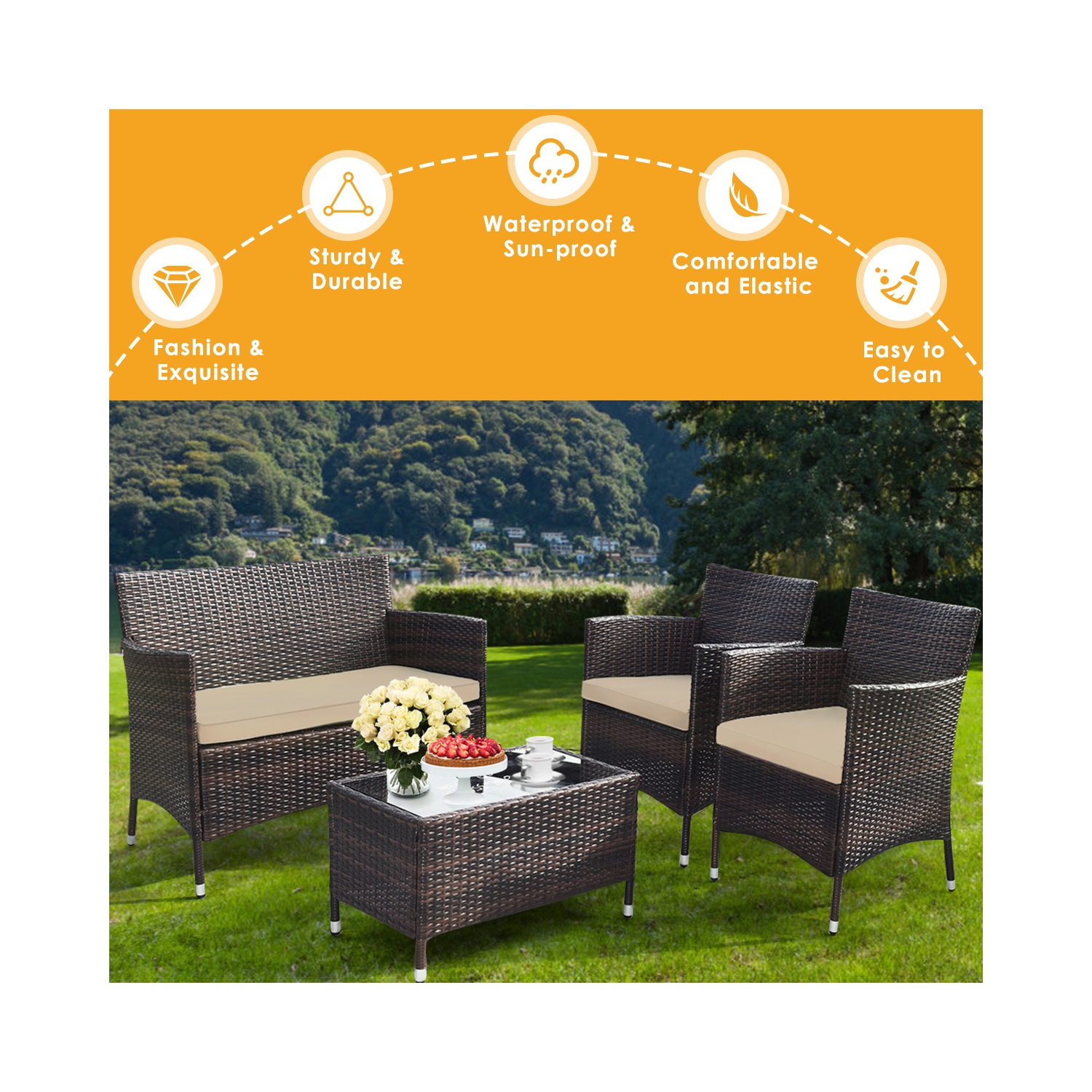 Gymax 4PCS Patio Rattan Conversation Furniture Set Outdoor w/ Brown & Grey Cushion