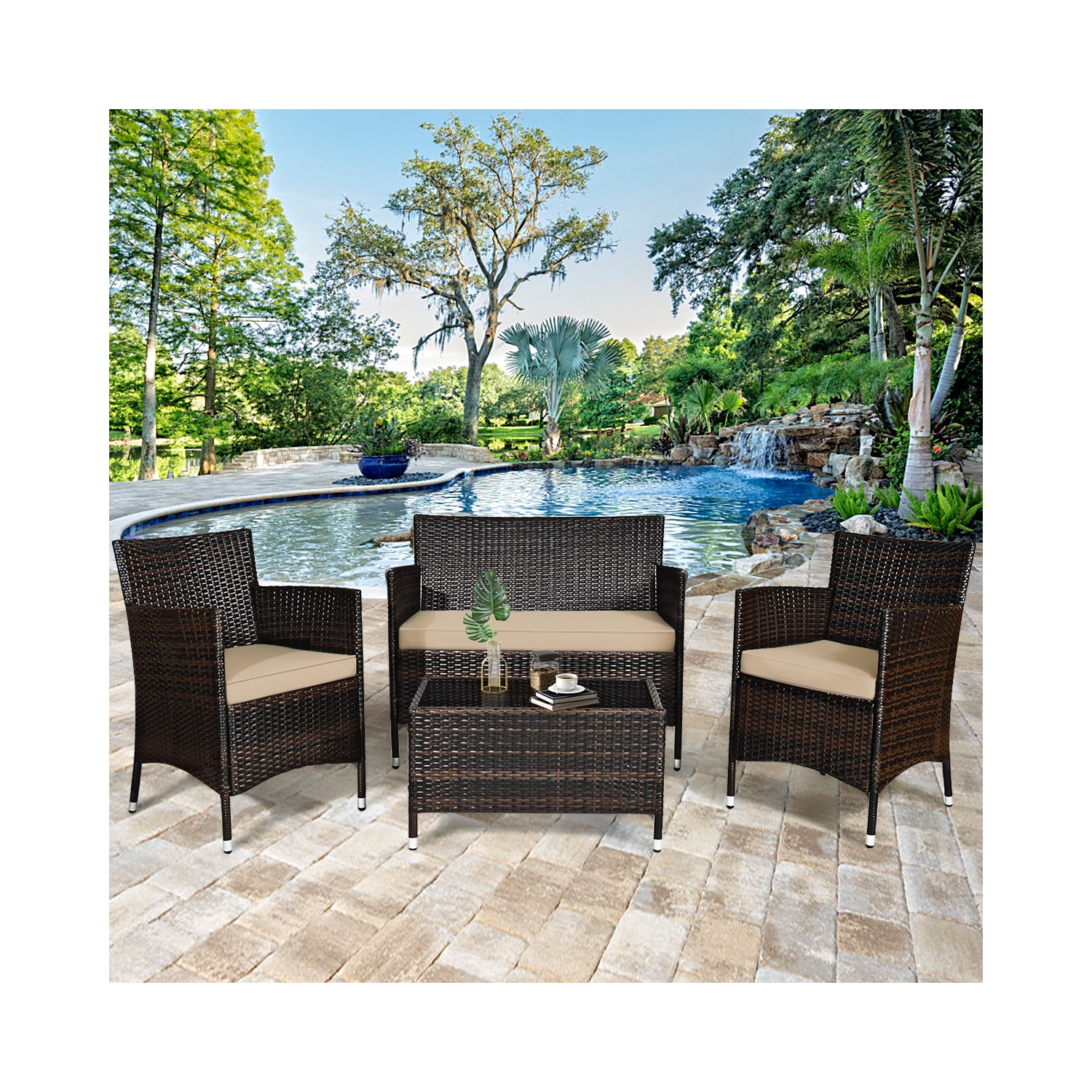 Gymax 8PCS Patio Rattan Conversation Furniture Set Outdoor w/ Brown & Grey Cushion