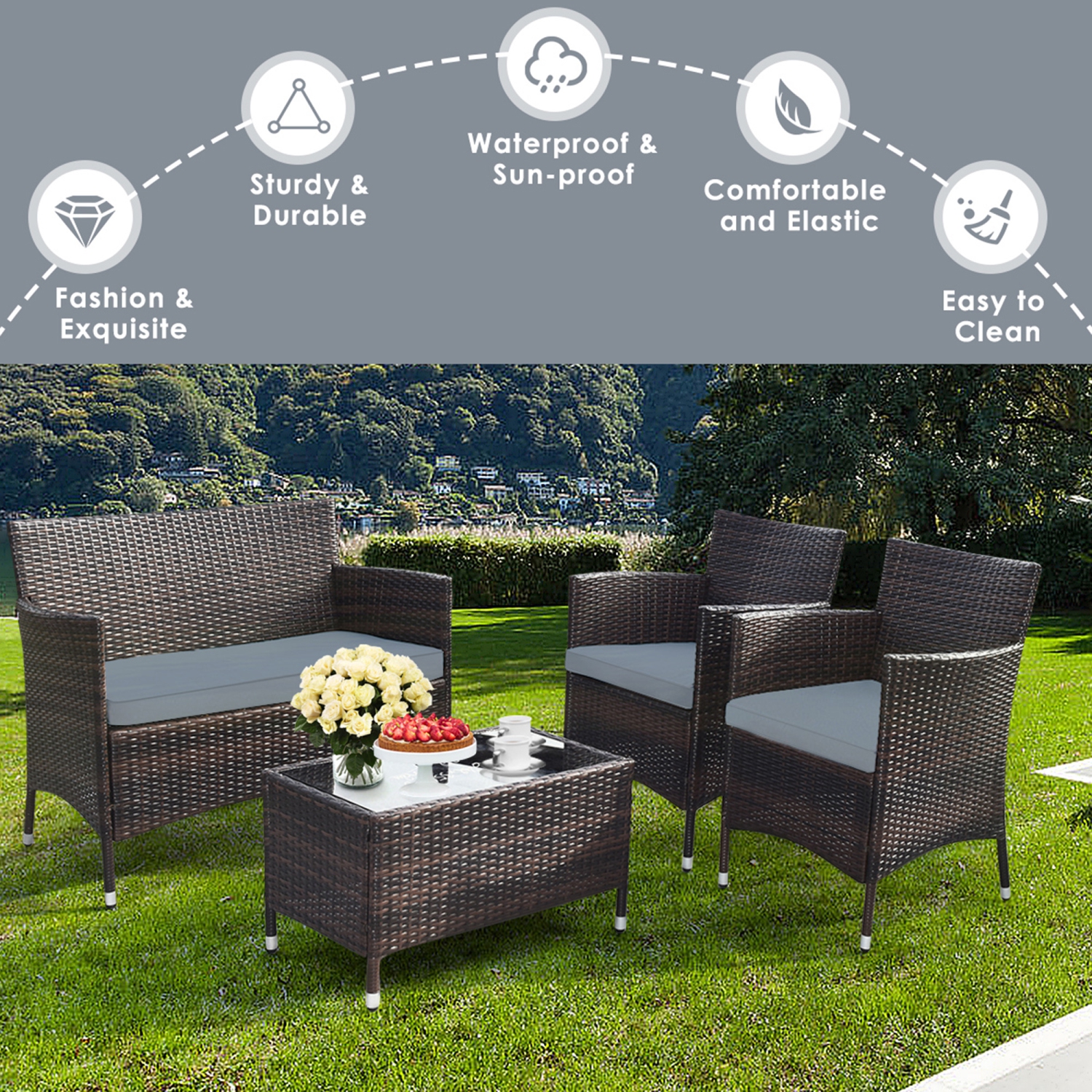 Gymax 8PCS Patio Rattan Conversation Furniture Set Outdoor w/ Brown & Grey Cushion