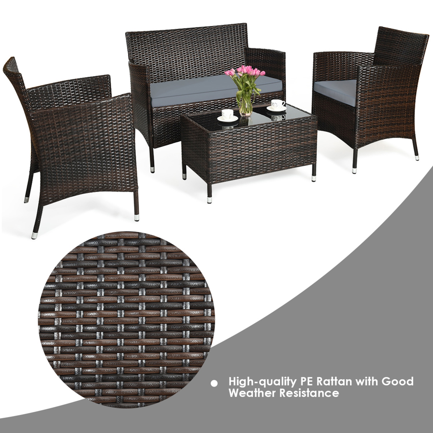 Gymax 8PCS Patio Rattan Conversation Furniture Set Outdoor w/ Brown & Grey Cushion