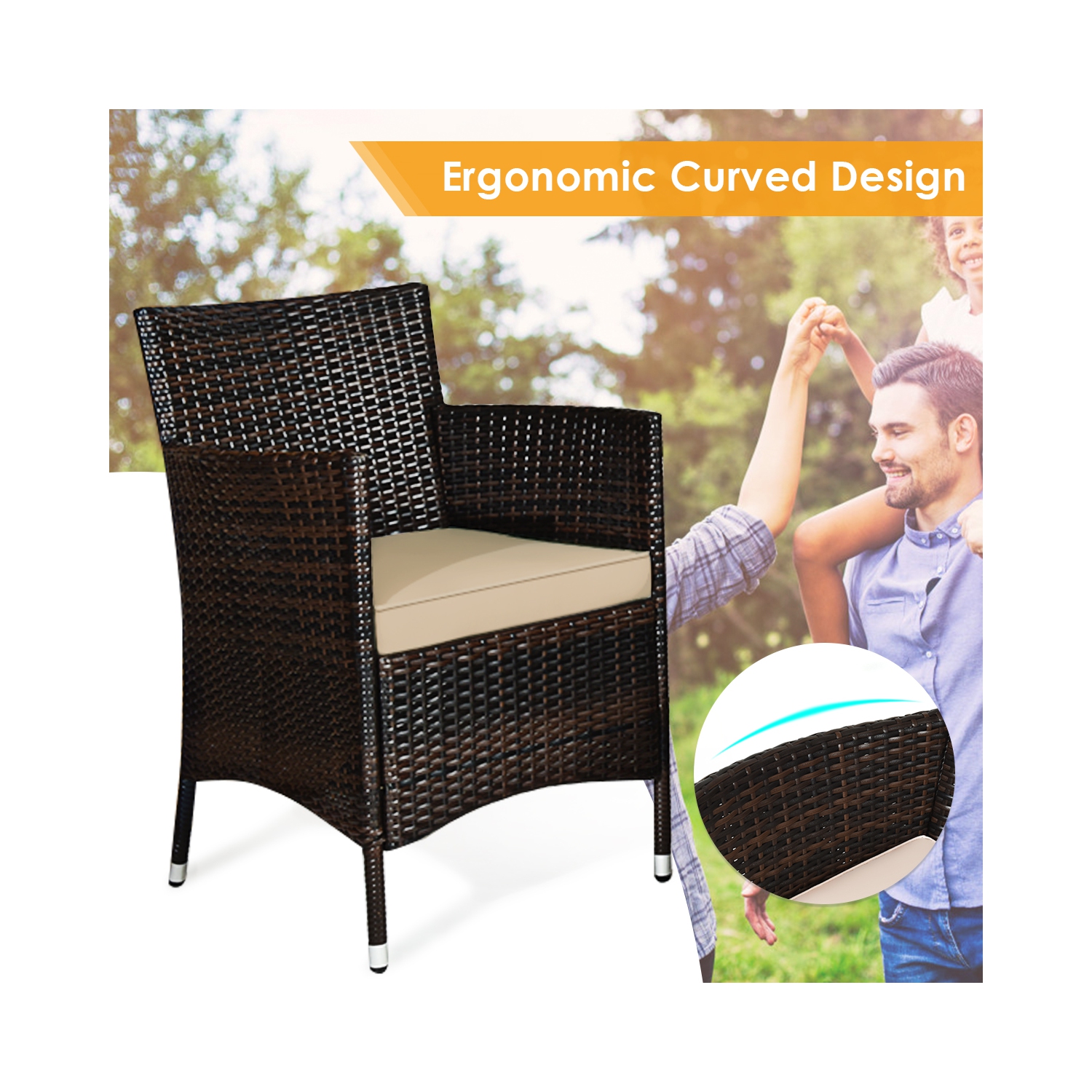 Gymax 8PCS Patio Rattan Conversation Furniture Set Outdoor w/ Brown & Grey Cushion