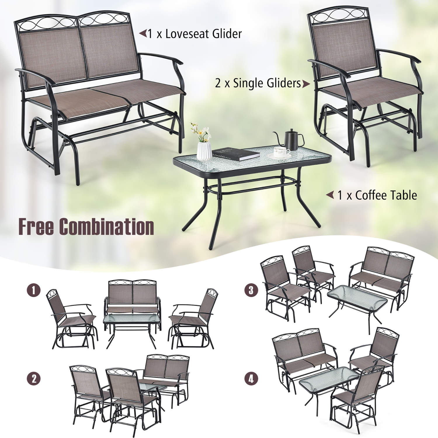 Gymax 2 PCS Patio Glider Conversation Set Outdoor Loveseat Glider Chair w/ Tempered Glass Coffee Table
