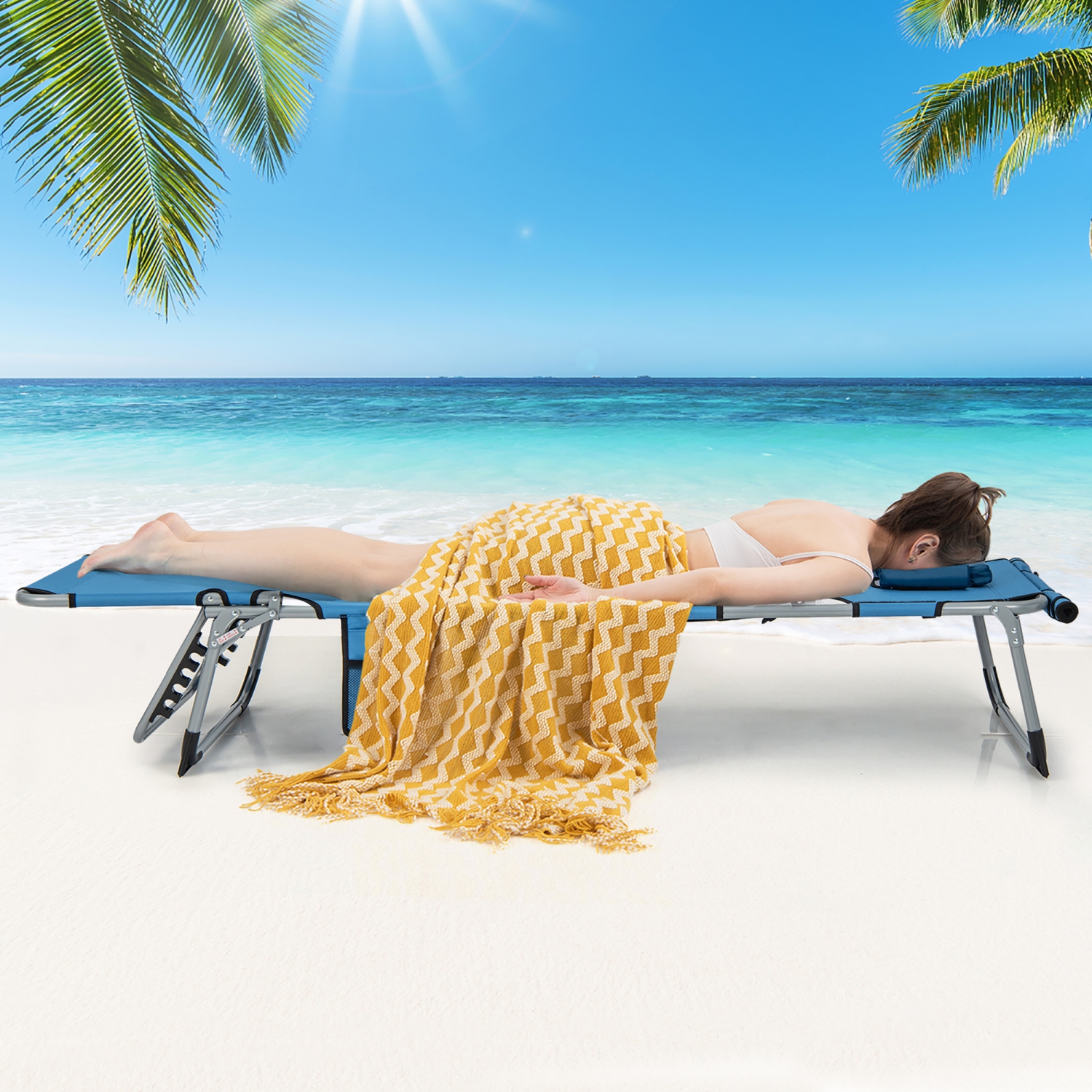 Gymax Folding Chaise Lounge Chair Sunbathing Recliner w/ Face Hole & Removable Pillow