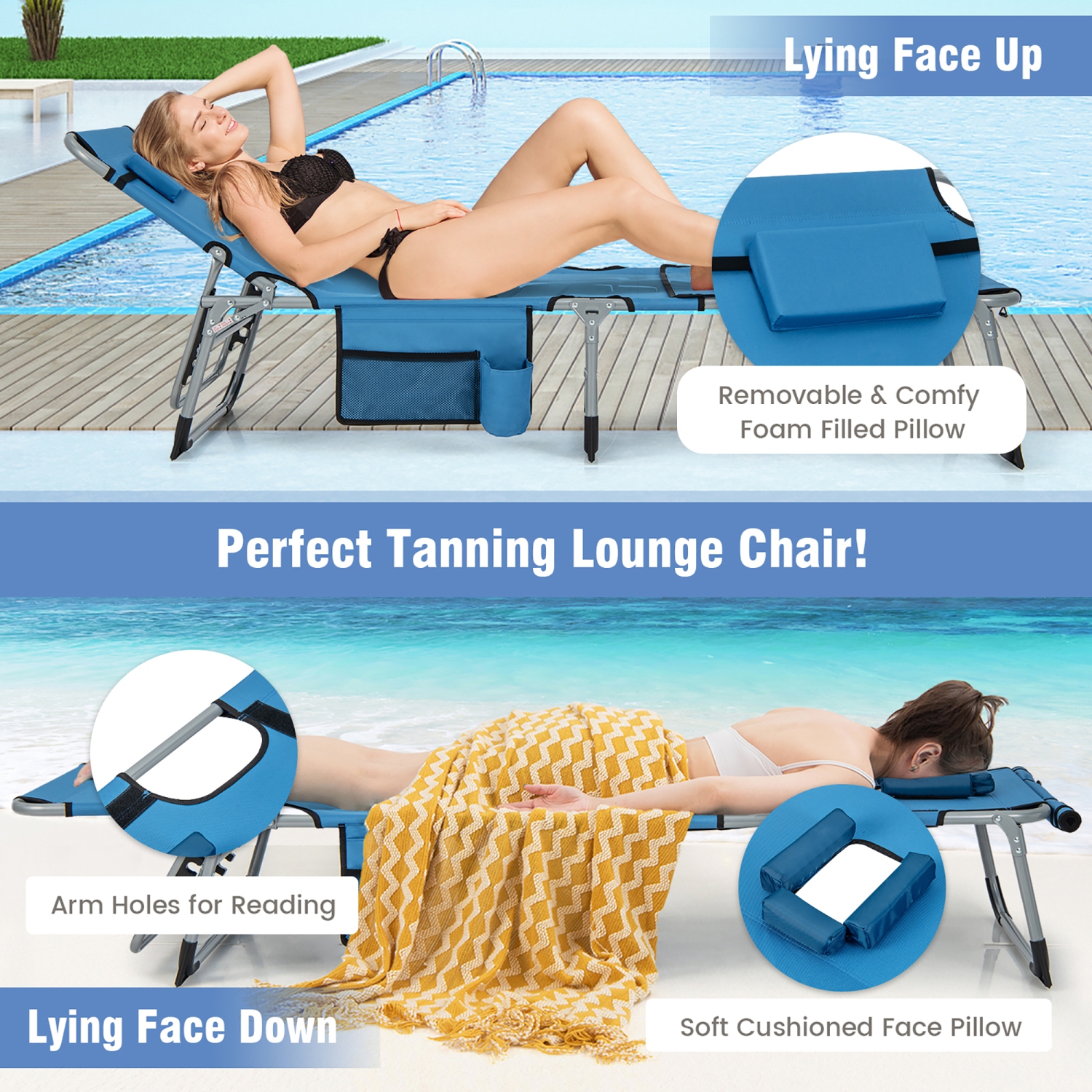 Gymax Folding Chaise Lounge Chair Sunbathing Recliner w/ Face Hole & Removable Pillow