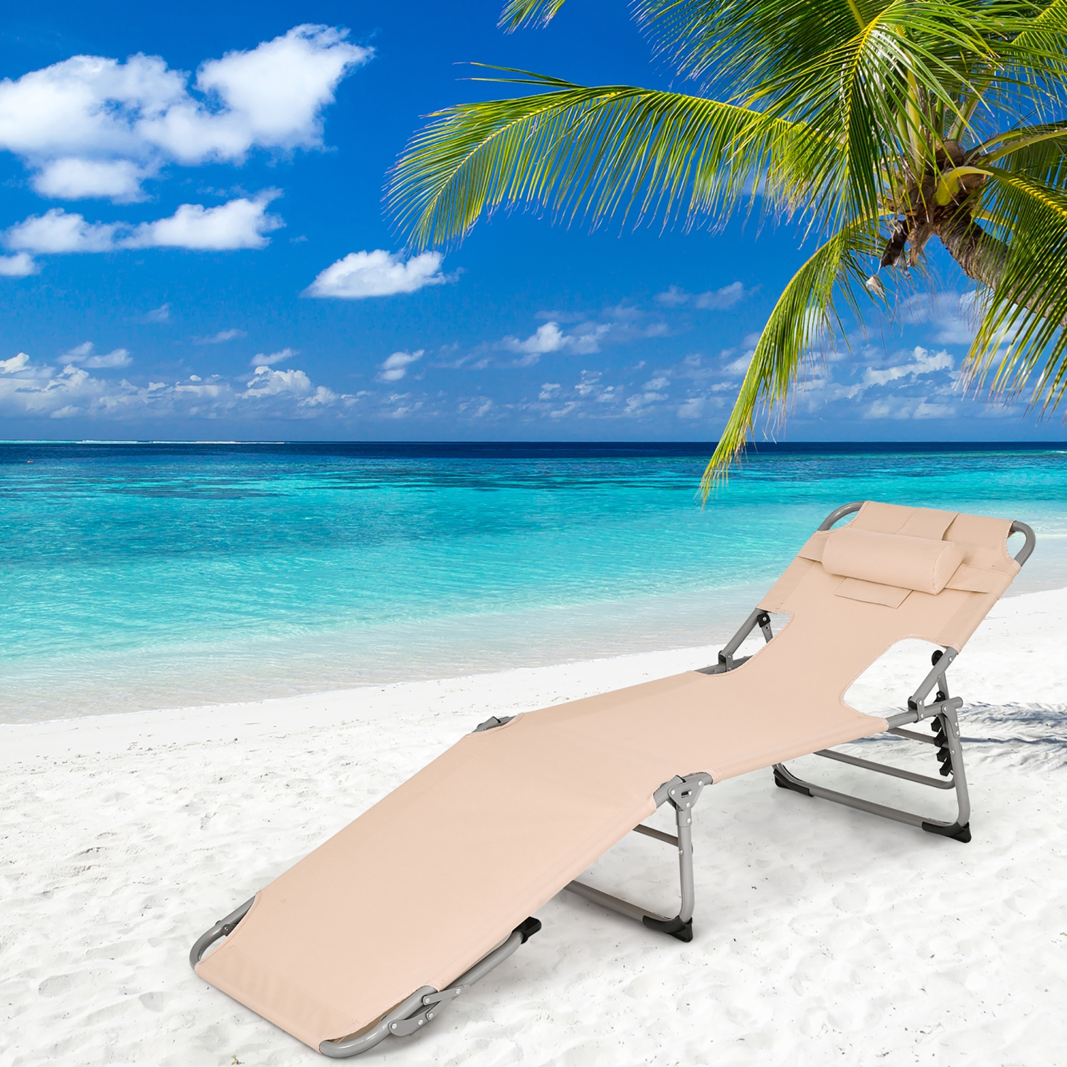 Gymax Portable Beach Chaise Lounge Chair Folding Reclining Chair w/ Facing Hole Beige