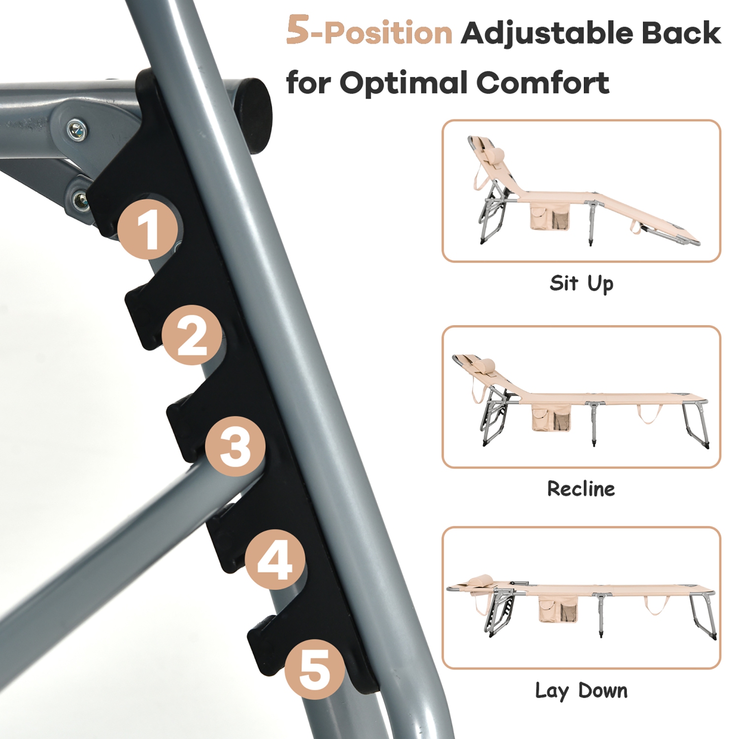 Gymax Portable Beach Chaise Lounge Chair Folding Reclining Chair w/ Facing Hole Beige