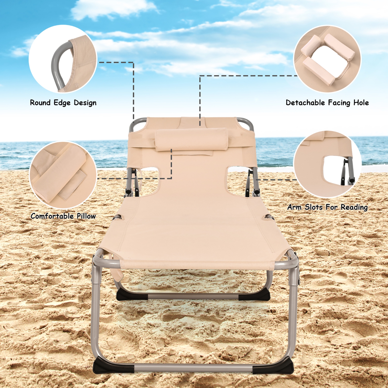Gymax Portable Beach Chaise Lounge Chair Folding Reclining Chair w/ Facing Hole Beige